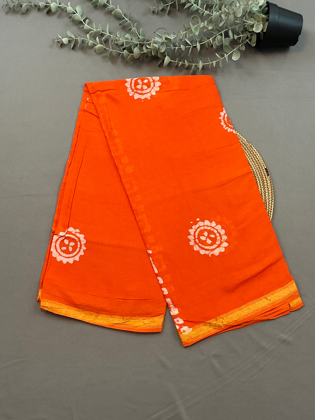 Orange Hand Batik Print Cotton Dress Material – Unstitched 3-Piece Suit