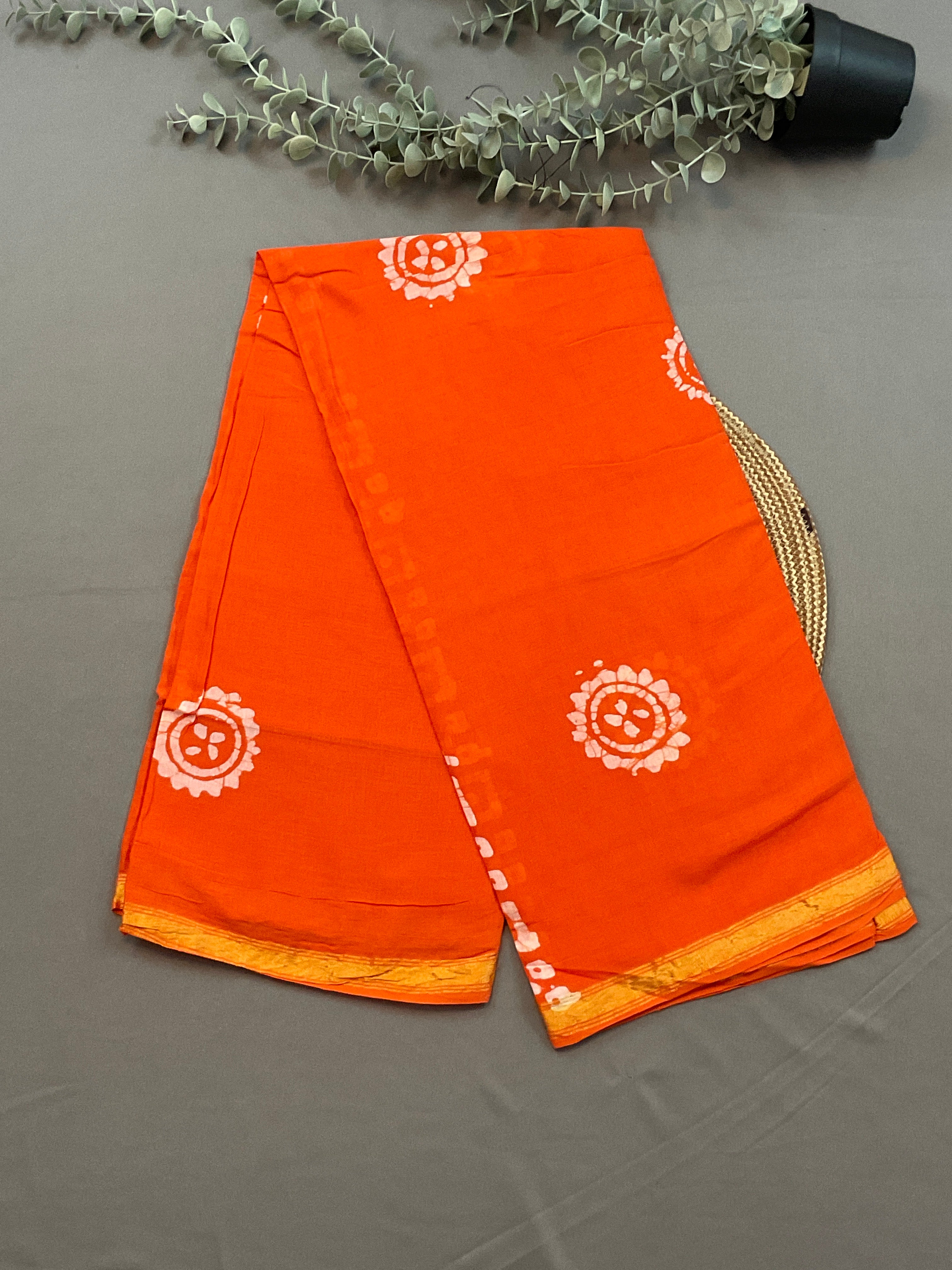 Orange Hand Batik Print Cotton Dress Material – Unstitched 3-Piece Suit