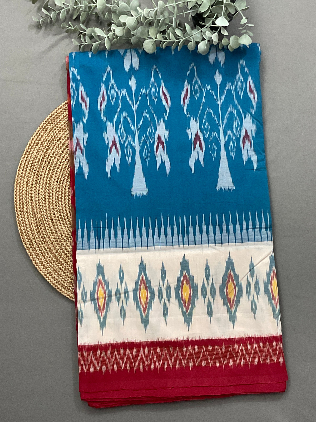 Sky Blue Pochampally Handloom Cotton Saree – Rich Heavy Zari Ikkat Border with Red Blouse