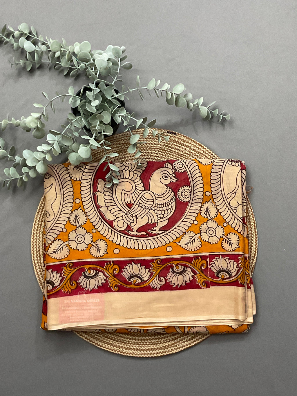 Kalamkari Hand Block Print Mul Cotton Saree – Mustard Yellow | With Blouse Piece