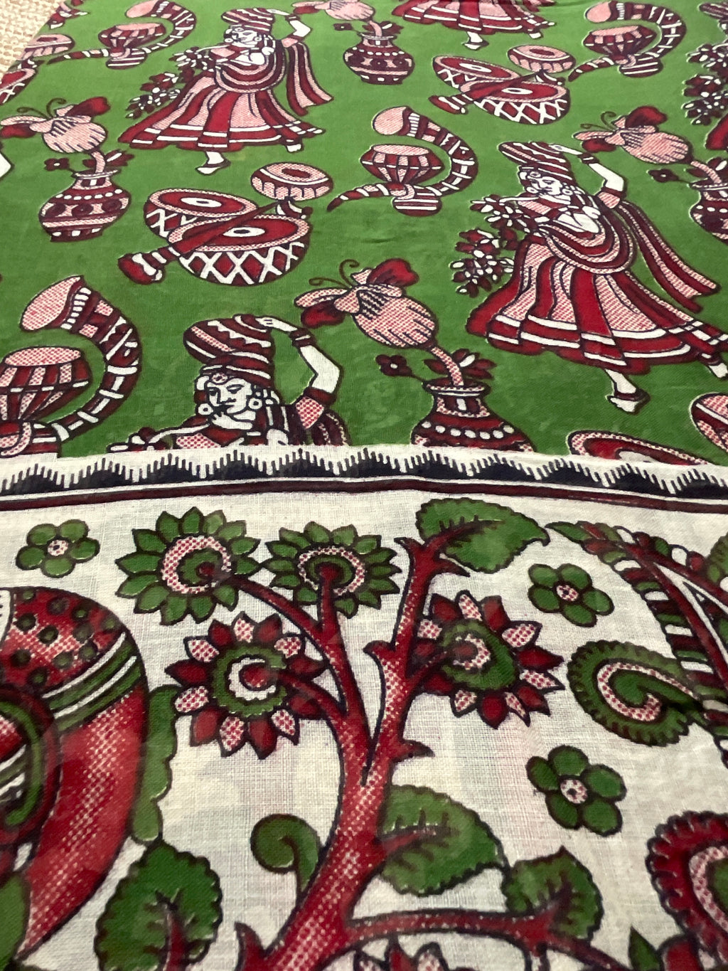 Kalamkari Hand Block Print Mul Cotton Saree – Green | With Blouse Piece