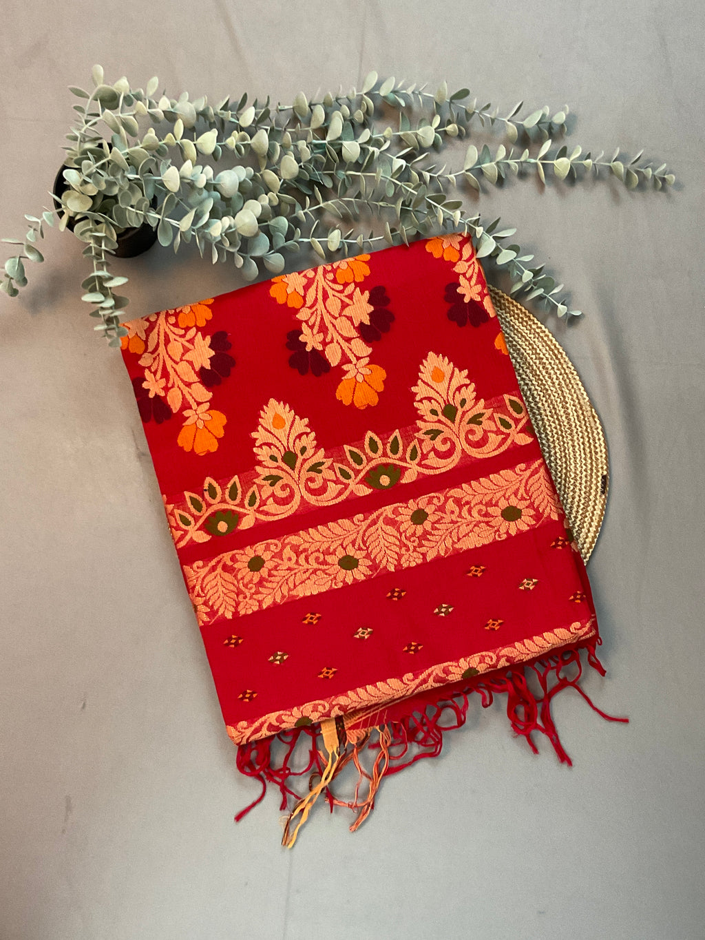 Red Pochampally Ikat Cotton Saree with Gold Weaved Border