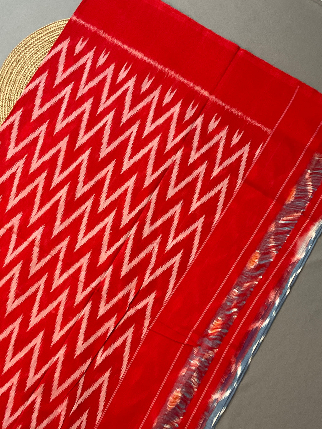 Light Blue & Red Pochampally Ikat Handloom Cotton Saree with Contrast Pallu – Without Blouse