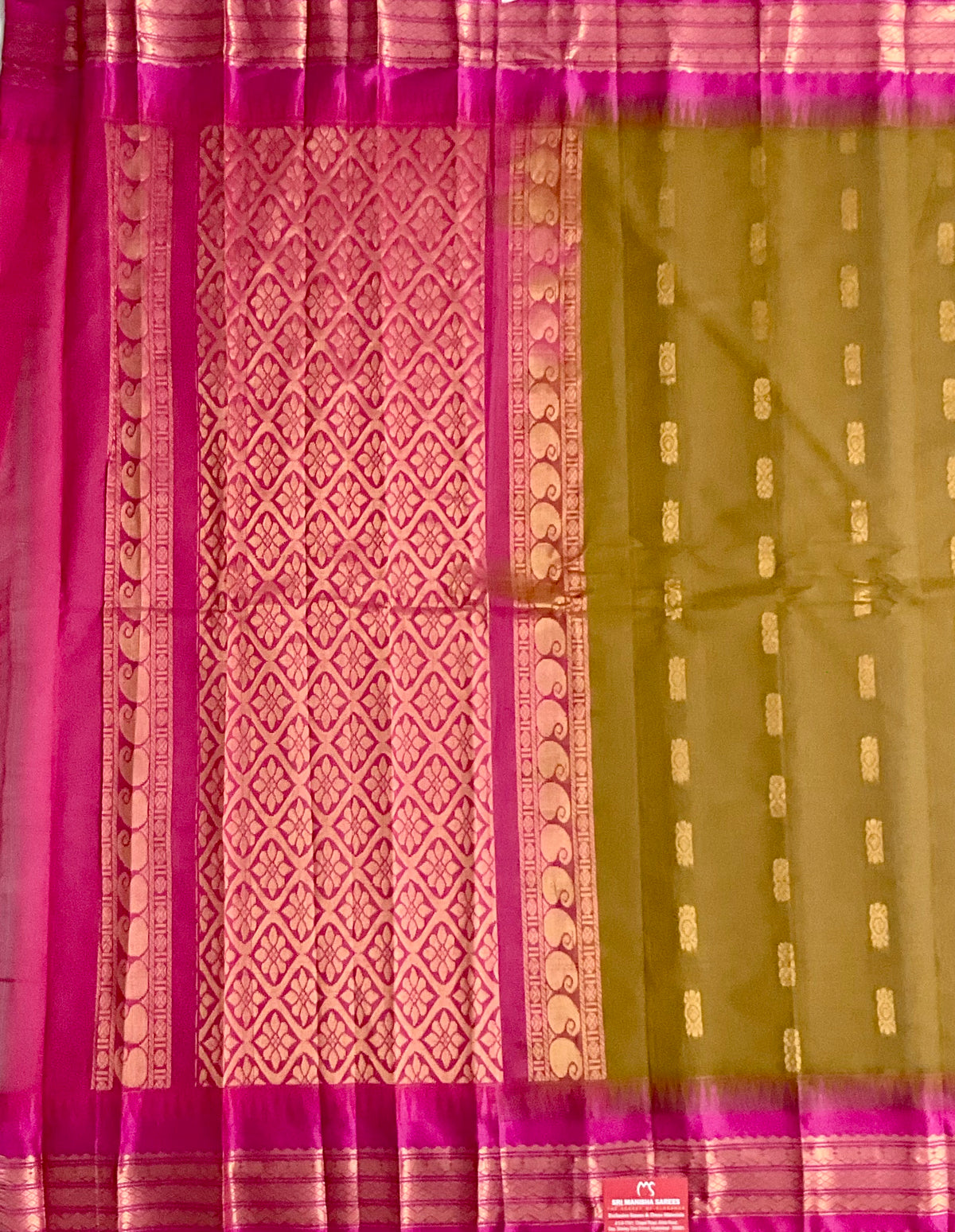 Draped mehendi green Gadwal silk saree with pink border