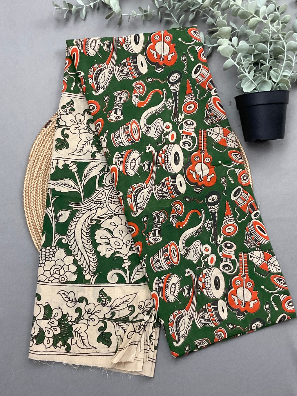 Green Kalamkari printed dupatta for orange ikkat dress material