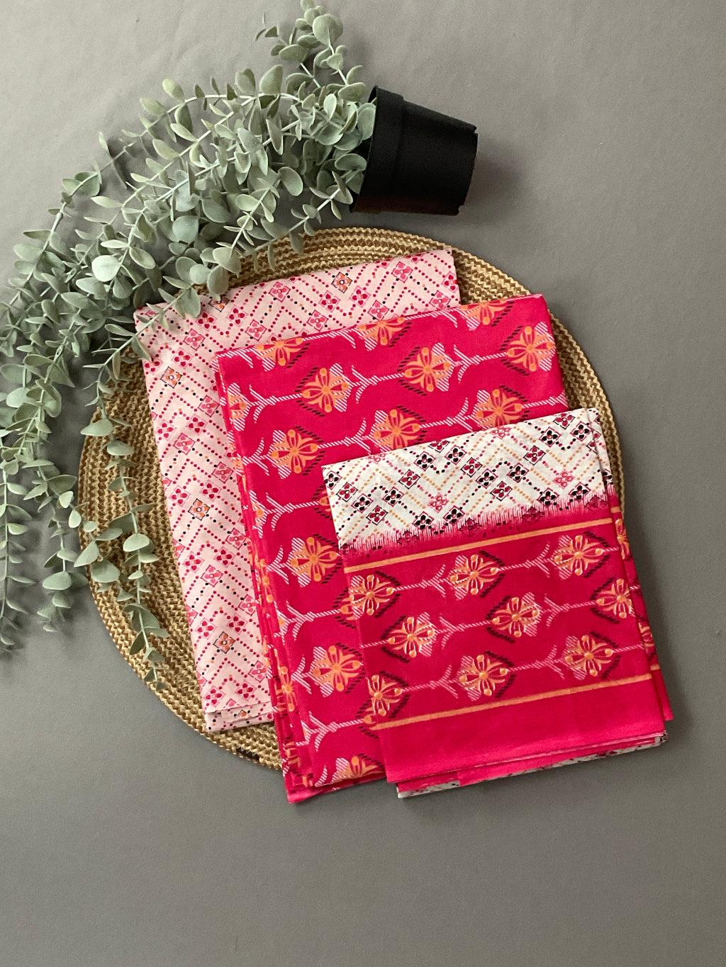 Bright Pink Block Print Cotton Dress Material