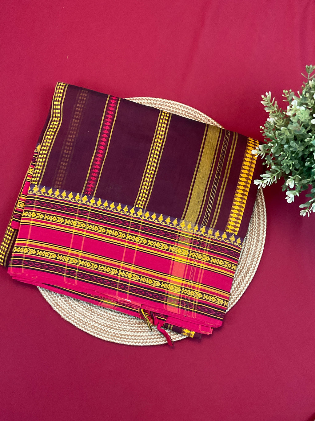 Brown Purple Pochampally Cotton Saree with Pink Weaved Border