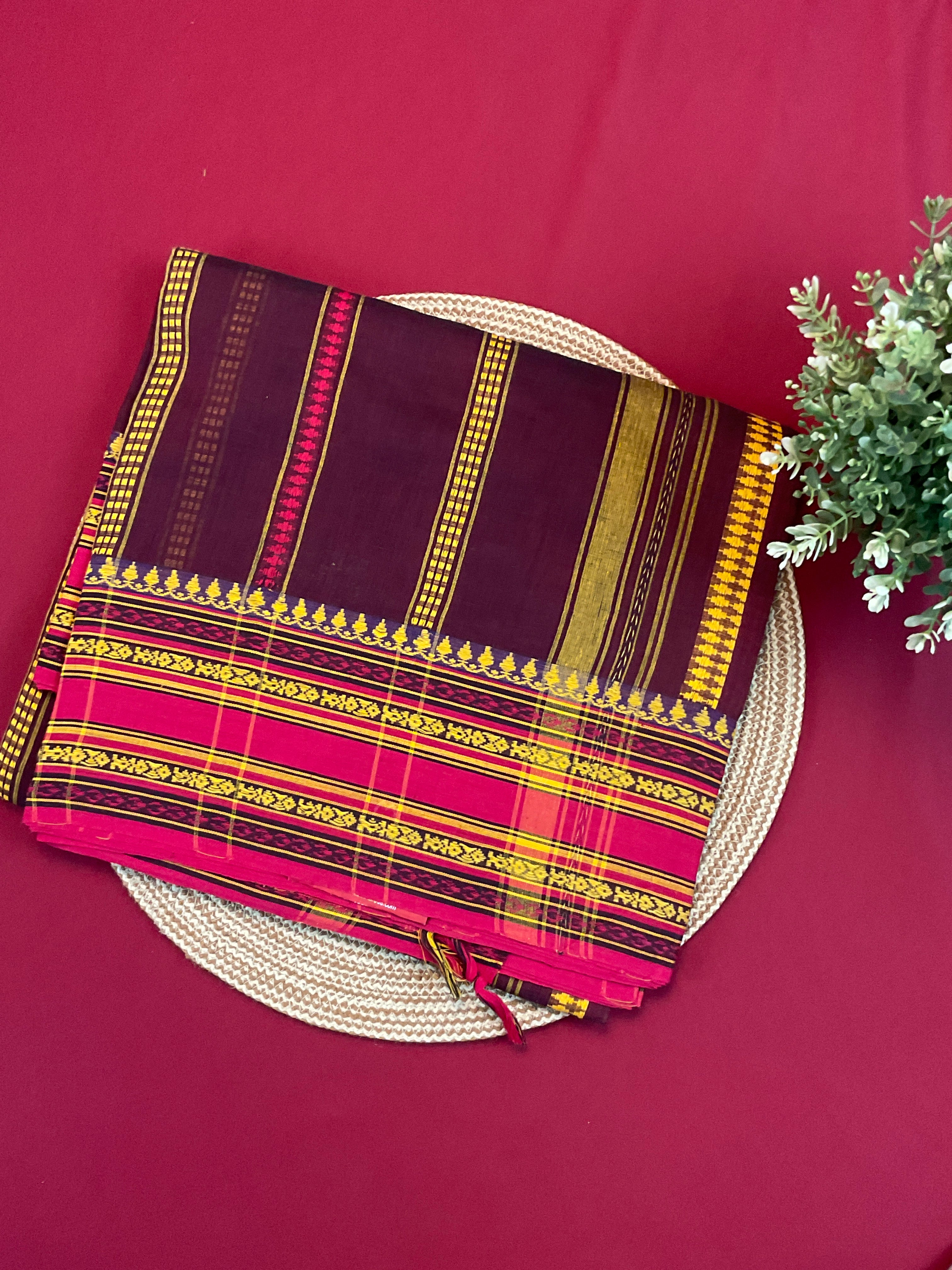 Brown Purple Pochampally Cotton Saree with Pink Weaved Border