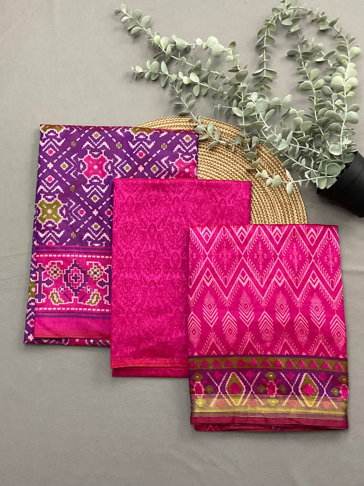 Purple patola print soft silk dress material with rani pink designer dupatta and bottom - full 3 piece set