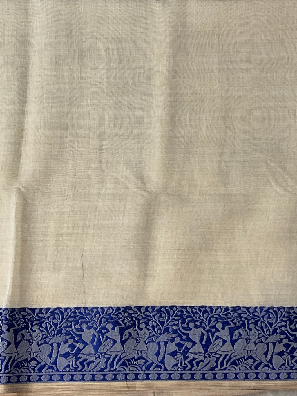 Kalamkari Hand Embroidery Cotton-Linen Saree – Off-White with Royal Blue Vareli Embroidery & Blouse