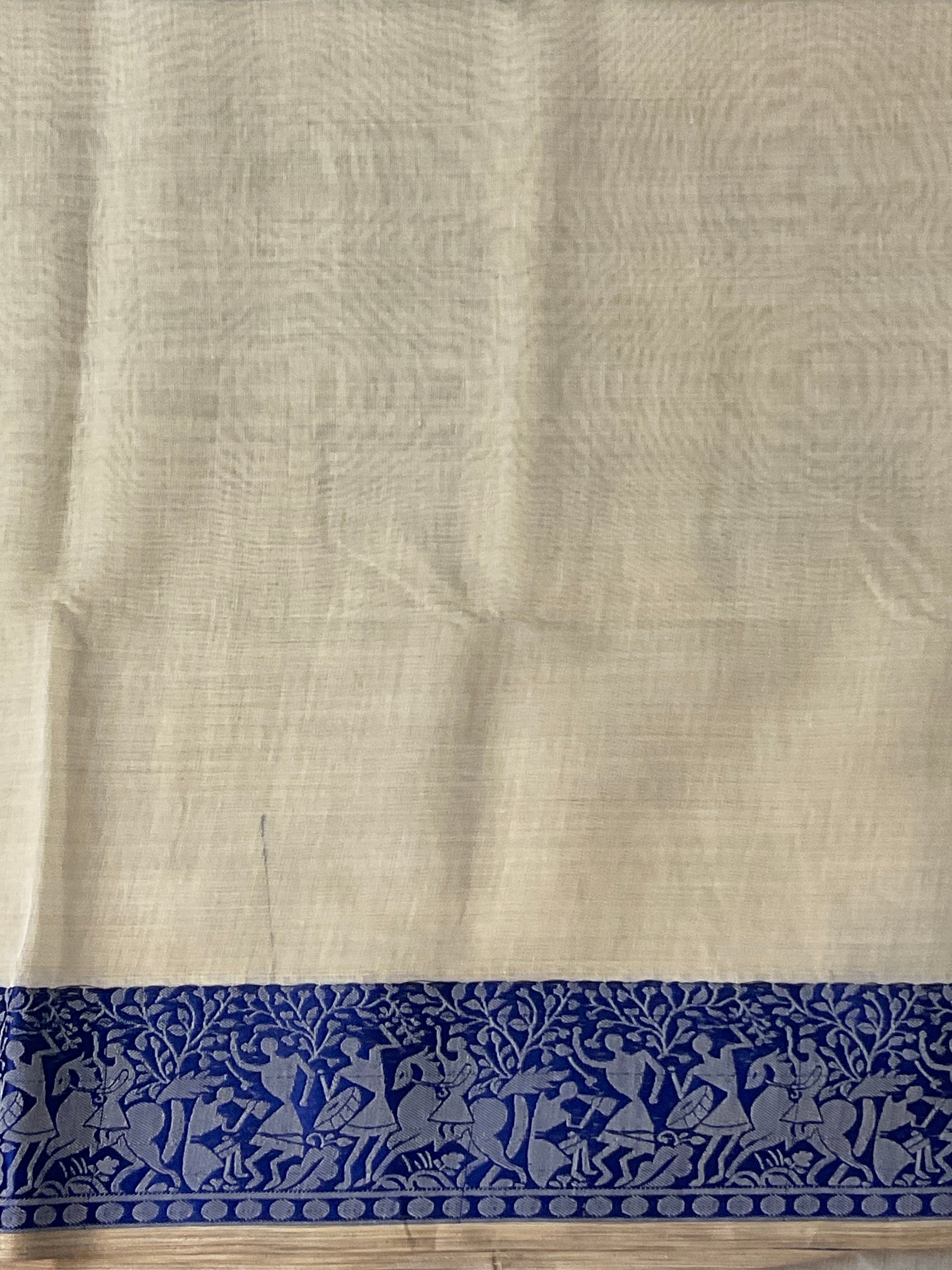 Kalamkari Hand Embroidery Cotton-Linen Saree – Off-White with Royal Blue Vareli Embroidery & Blouse