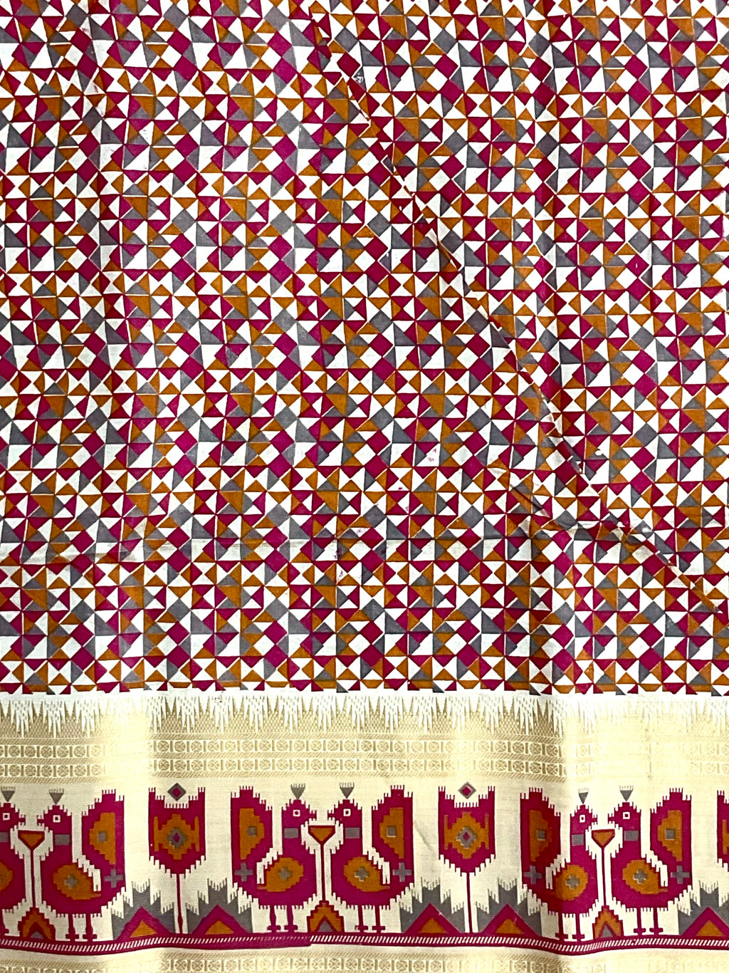 White & Gold Handloom Cotton Silk Saree with Pink Pochampally Weaving — Zari Pallu & Blouse Piece