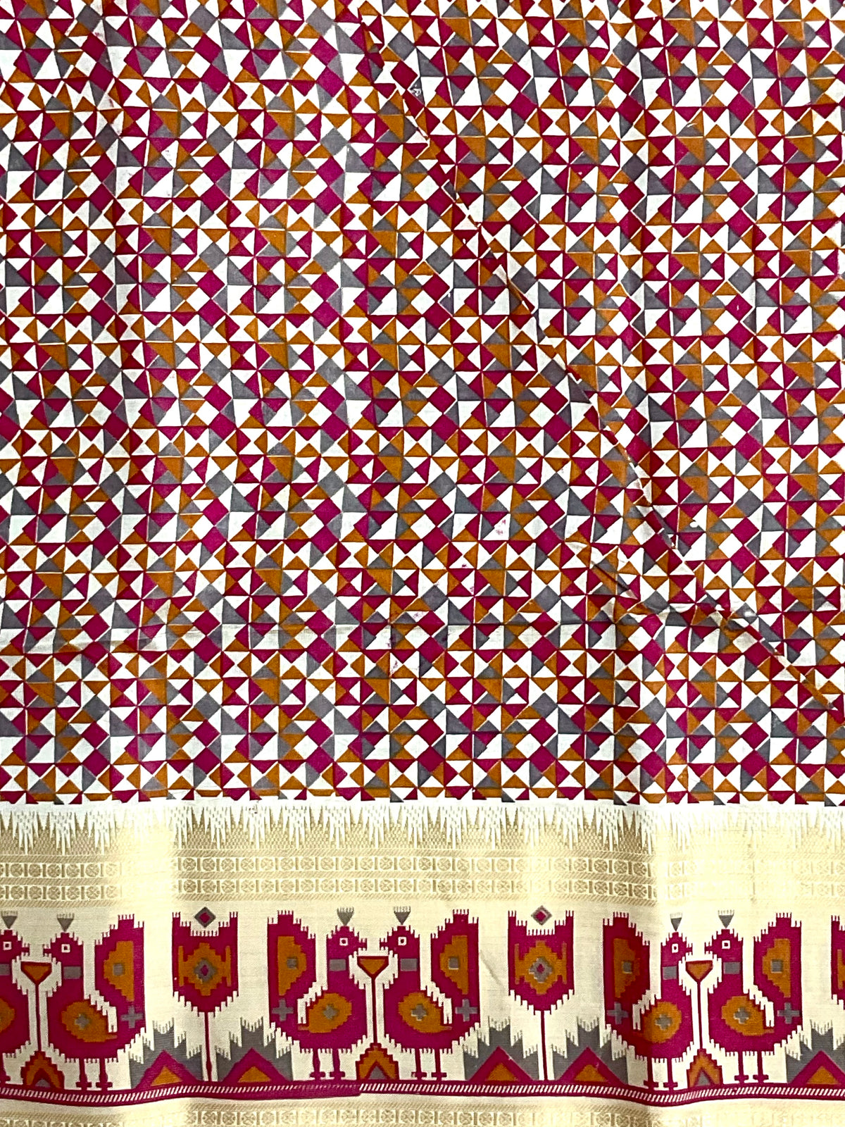White & Gold Handloom Cotton Silk Saree with Pink Pochampally Weaving — Zari Pallu & Blouse Piece