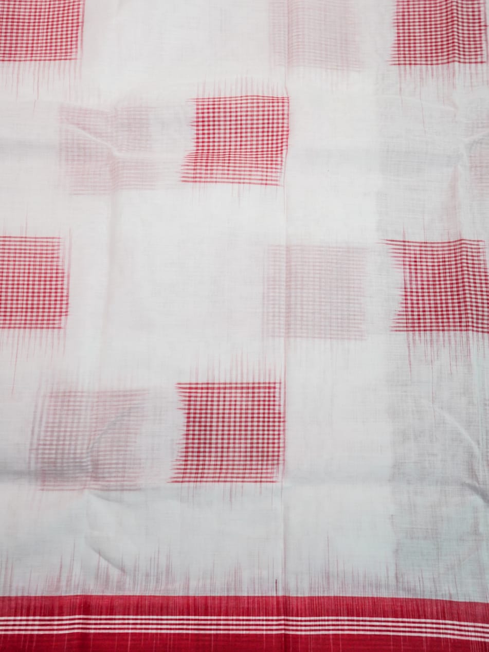 White Pochampally Ikat Cotton Saree with Red Border & Blouse