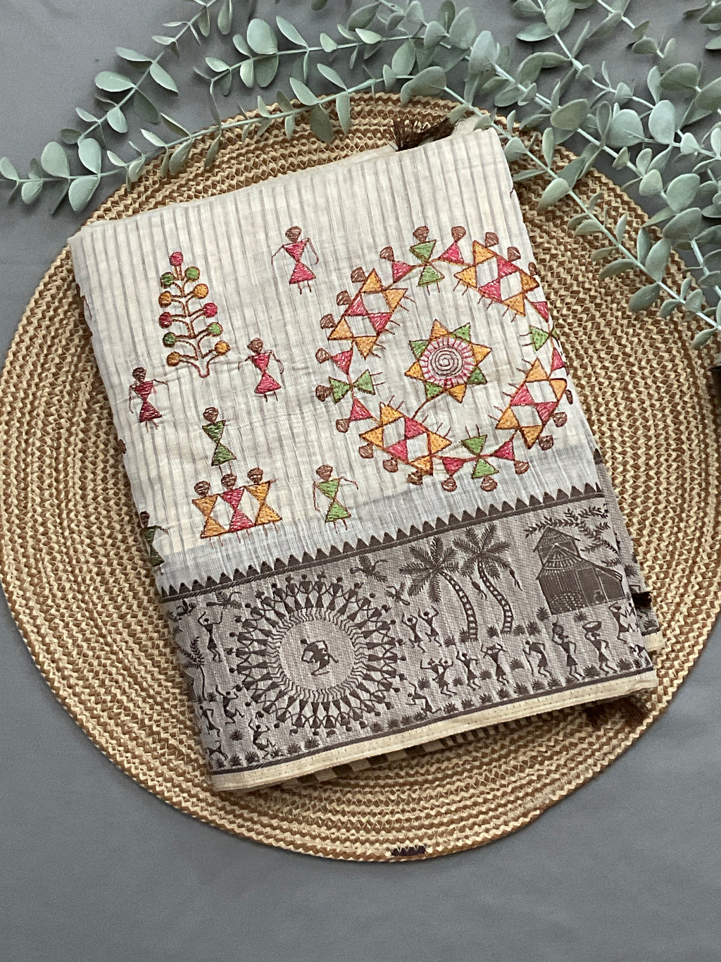 Warli Weaving Border Cotton Linen Saree in Brown with Lined Pallu