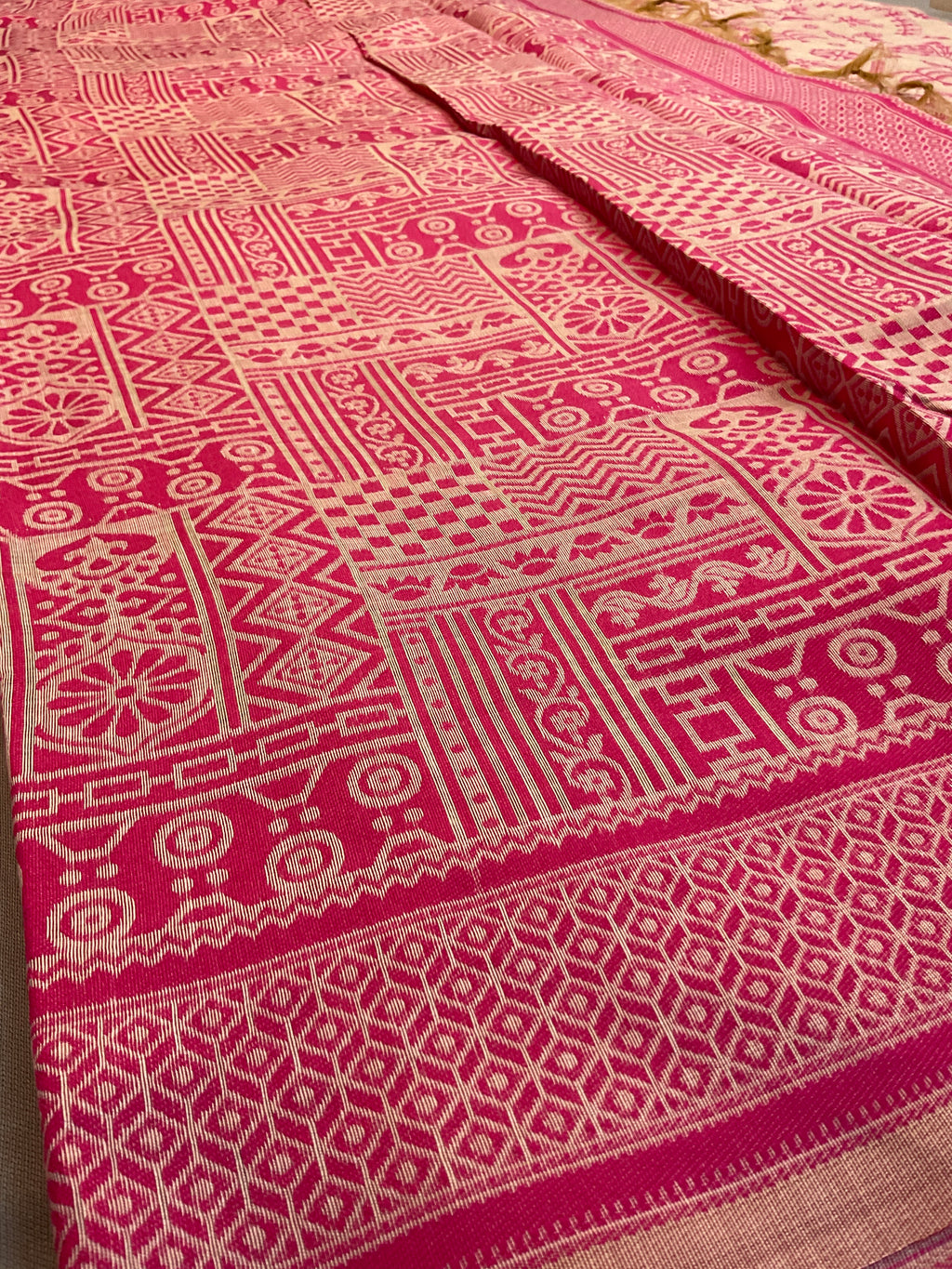 Baby Pink Kalamkari Cotton-Linen Saree