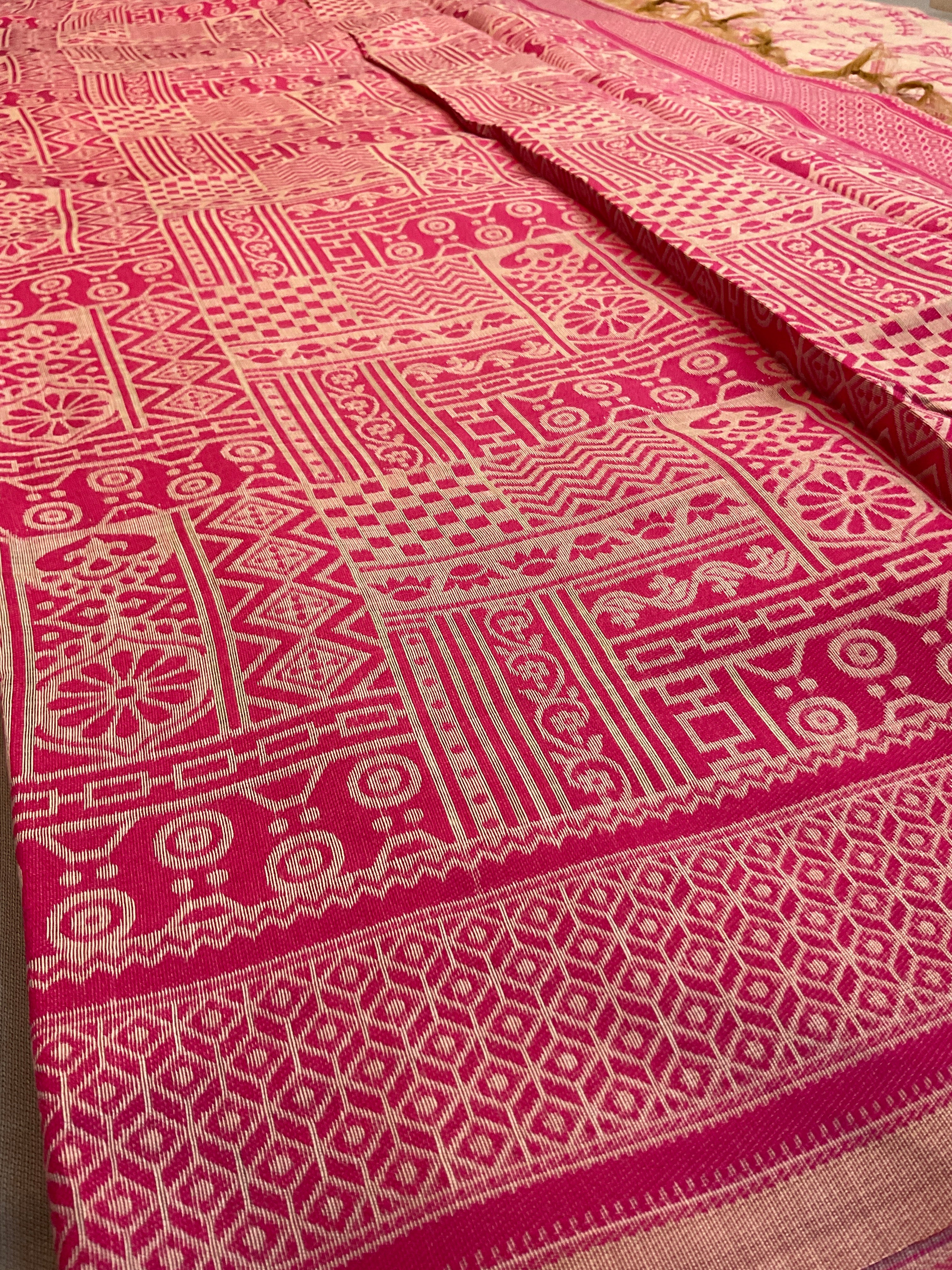 Baby Pink Kalamkari Cotton-Linen Saree