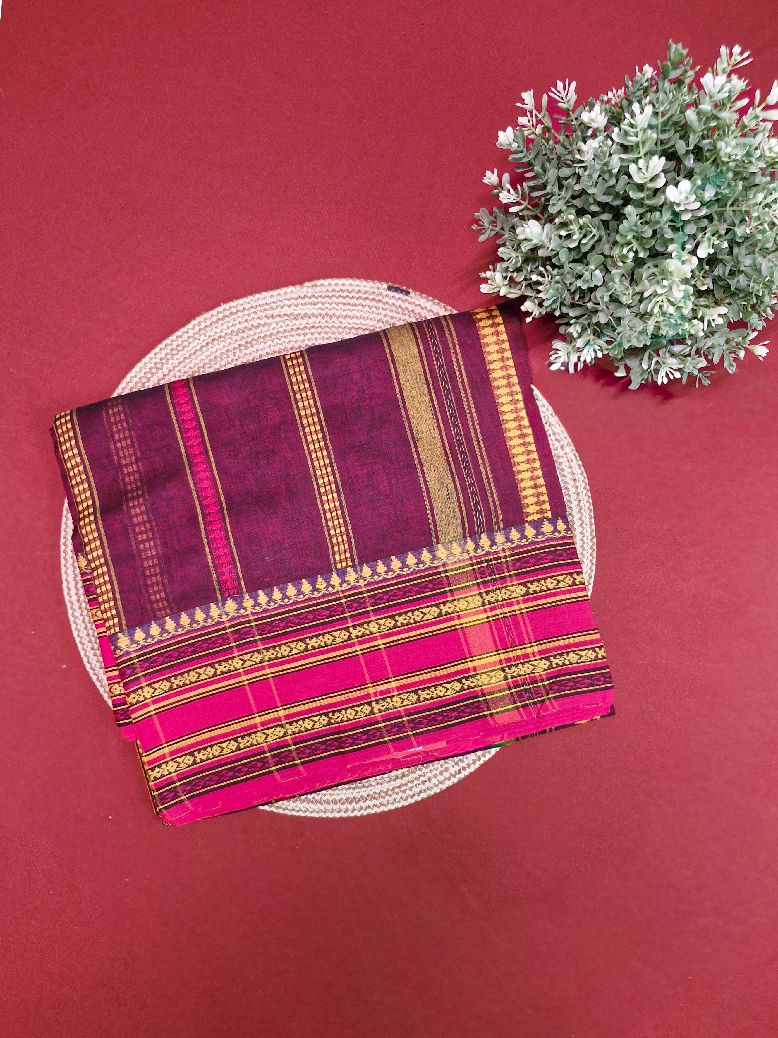 Brown Purple Pochampally Cotton Saree with Pink weaved Border
