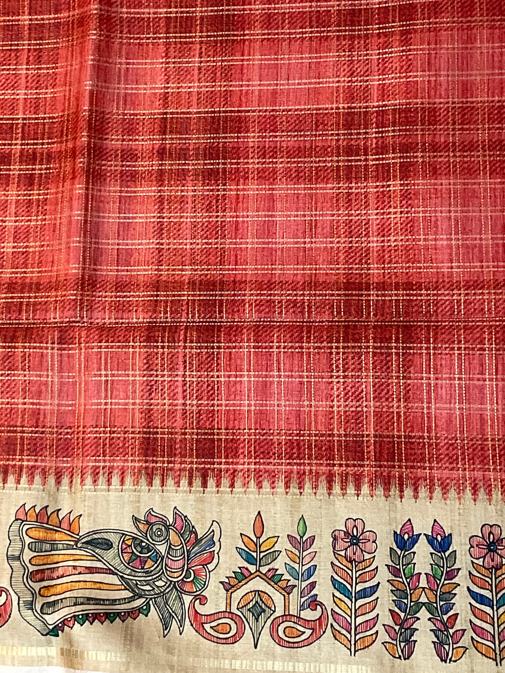 Kalamkari Hand Block Printed Handloom Silk Saree in Orange with Designer Pallu & Blouse