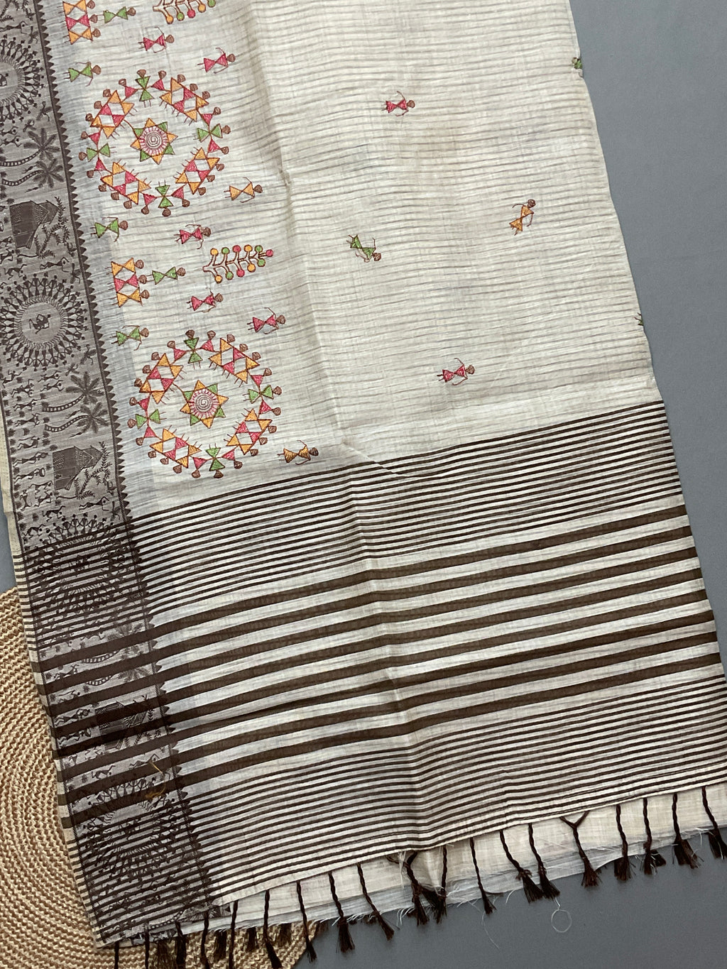 Warli Weaving Border Cotton Linen Saree in Brown with Lined Pallu