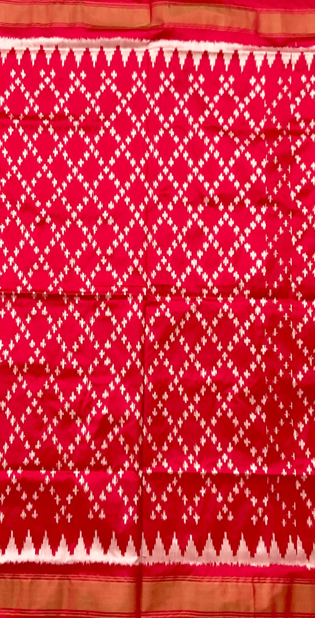 Red Pochampally Double Ikat Silk Saree — Self Red Patola Border & Pallu
