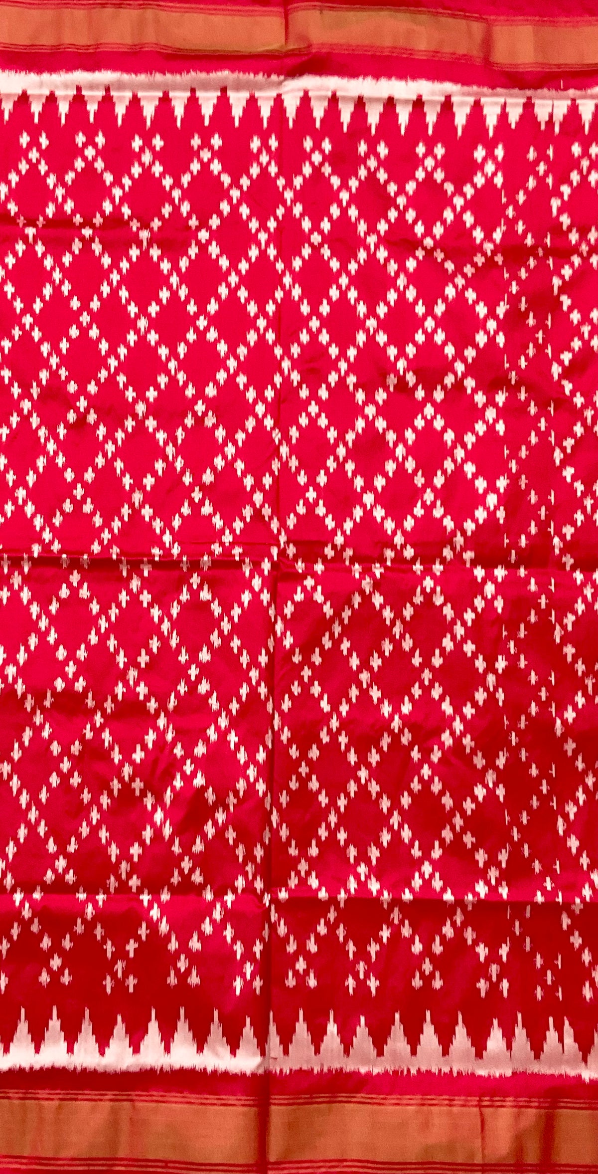 Red Pochampally Double Ikat Silk Saree — Self Red Patola Border & Pallu
