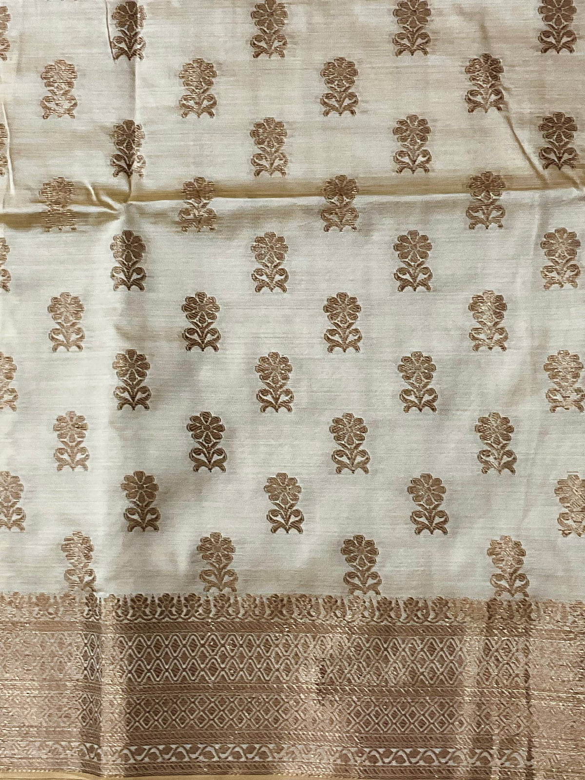 White & Gold Handloom Cotton Silk Saree — Zari Pallu & Plain Blouse Piece