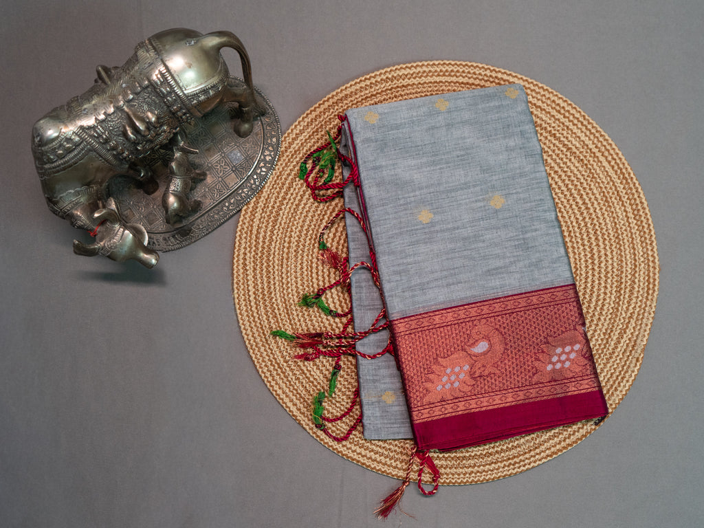 Grey Pochampally Ikat Cotton Saree with Rani Pink Peacock border pallu