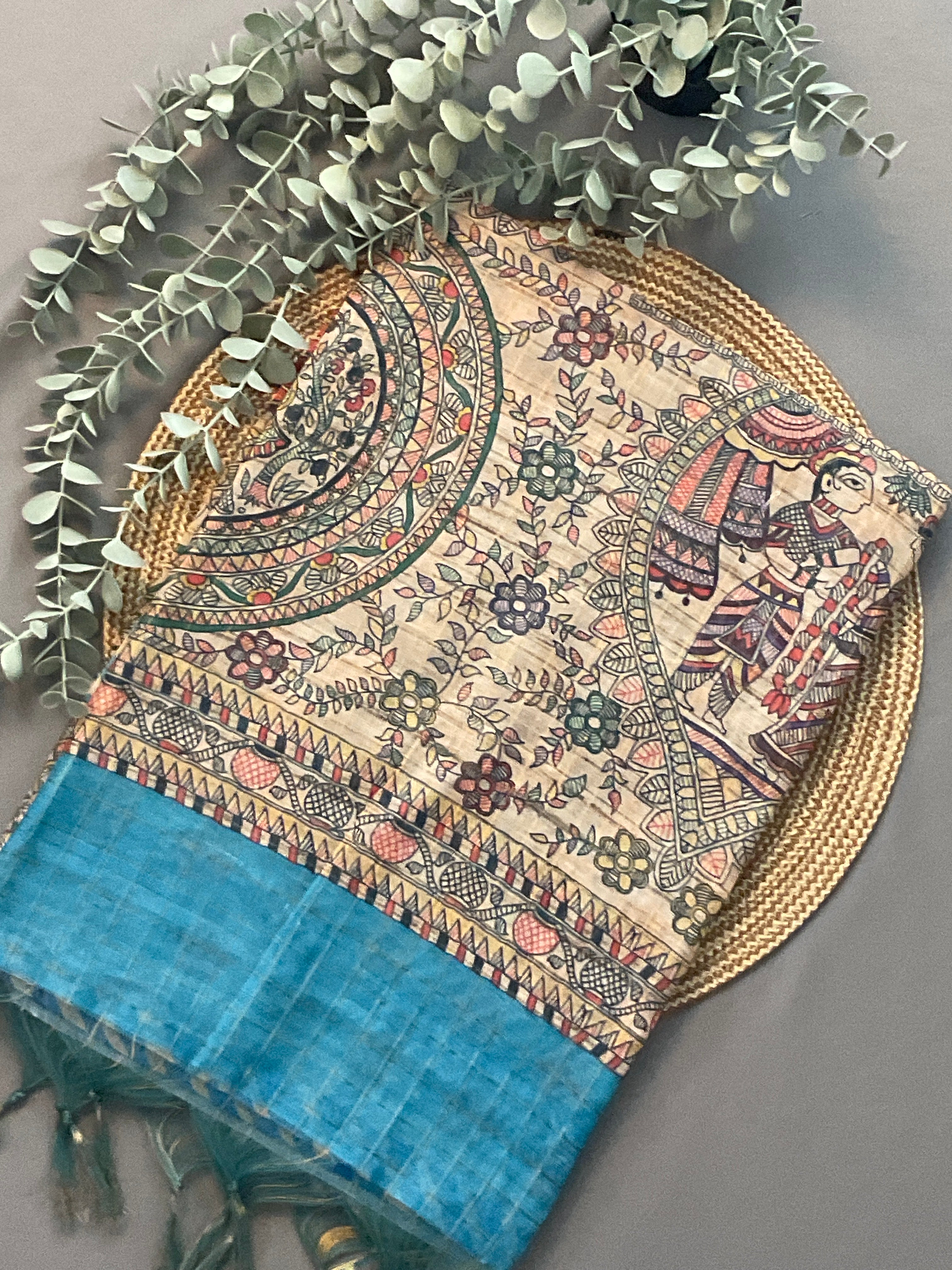 Kalamkari Hand Block Printed Handloom Silk Saree in Sky Blue with Designer Pallu & Blouse