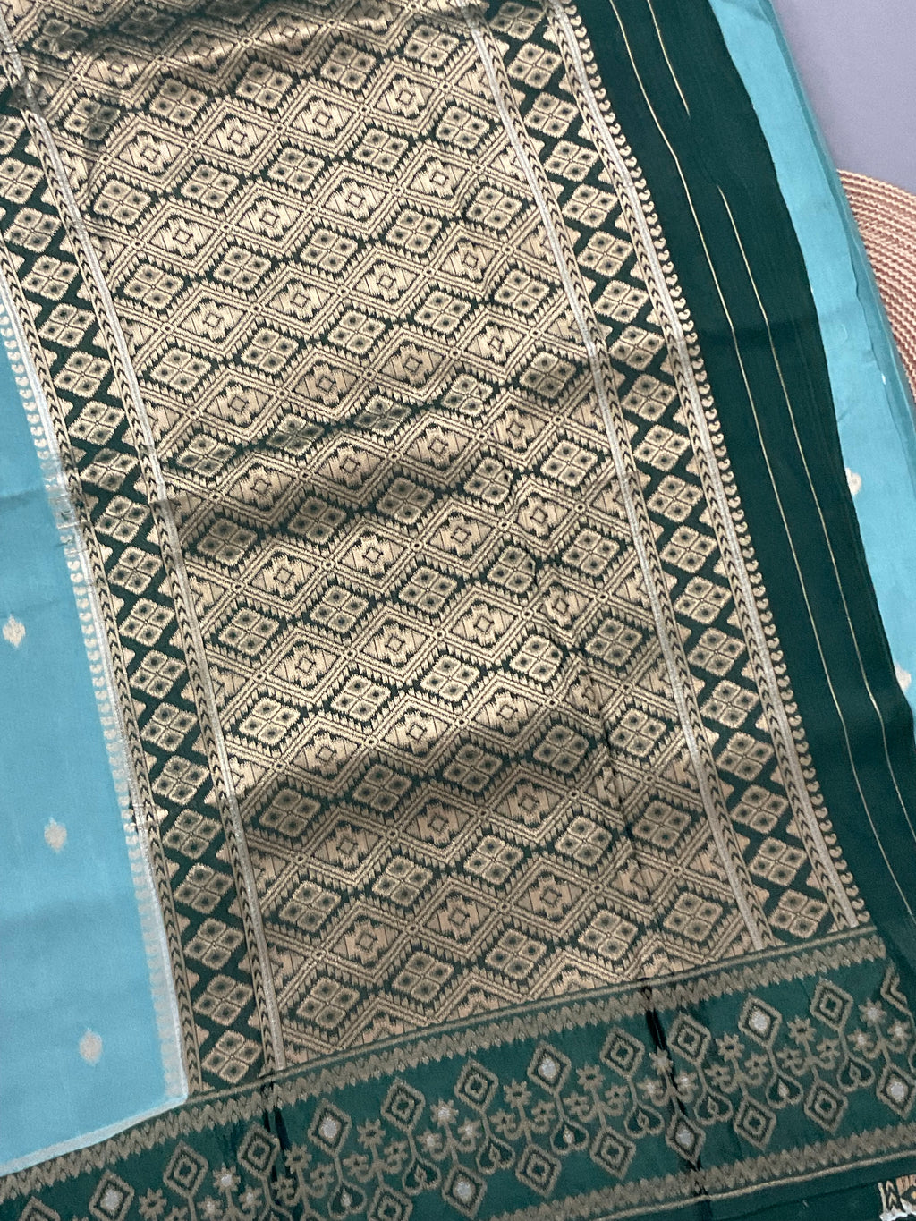 Sea Green Banarasi Handloom Silk Saree with Ikat Border — Dark Green Contrast Pallu & Designer Blouse