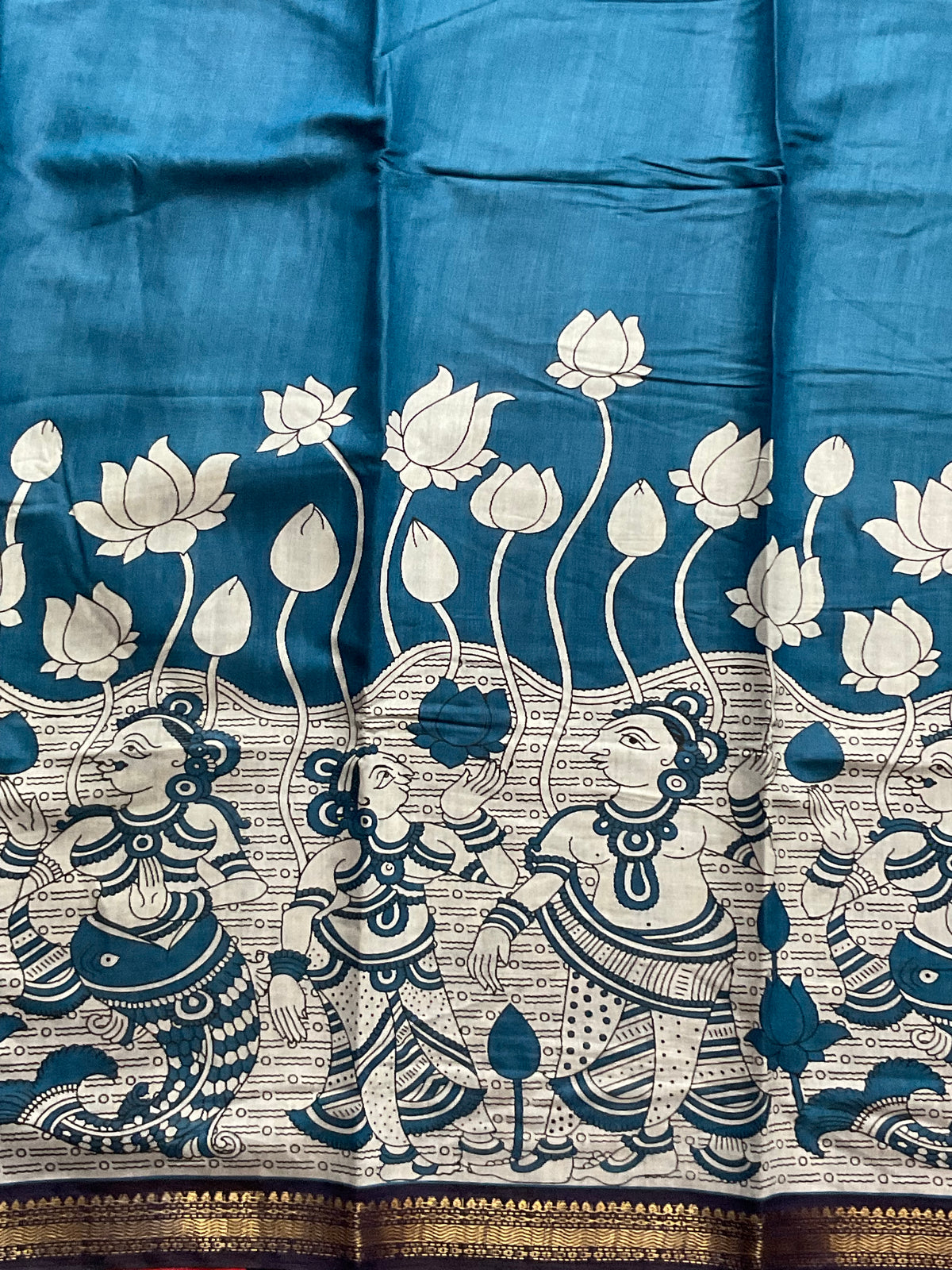 Pedana Kalamkari Hand-Block Soft Silk Saree in Royal Blue with Navy Designer Pallu & Gold Border