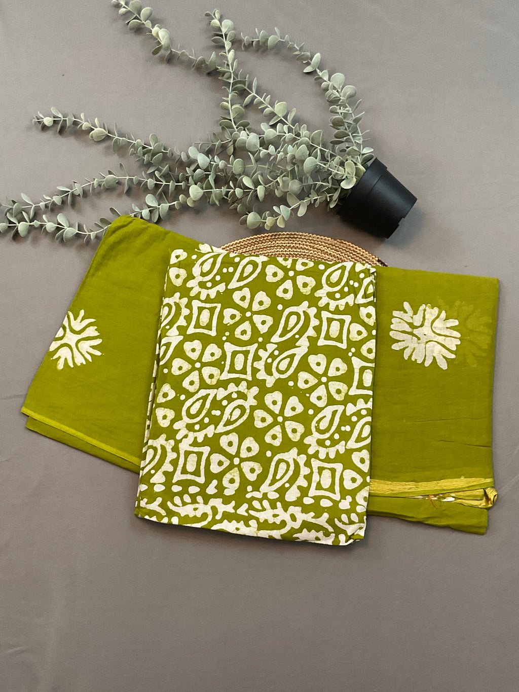 Olive Green Hand Batik Print Cotton Dress Material – Unstitched 3-Piece Suit