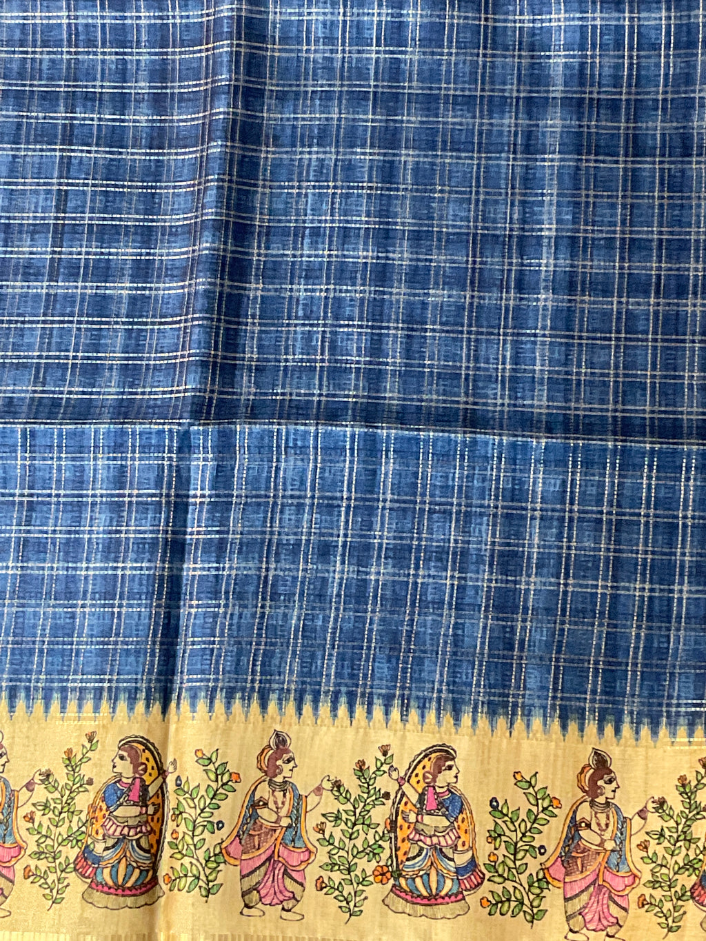 Kalamkari Hand Block Printed Handloom Silk Saree in Blue with Designer Pallu & Blouse