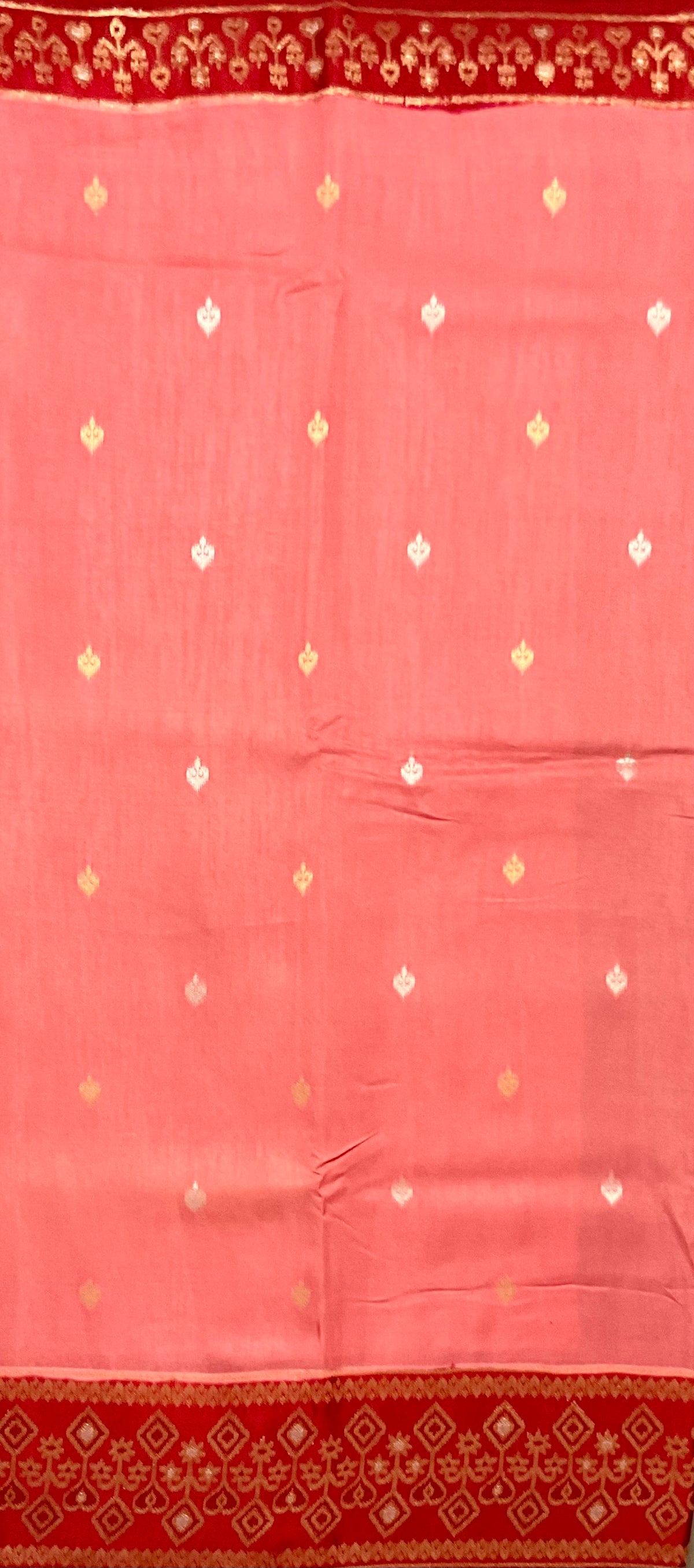 Pink Banarasi Handloom Silk Saree with Ikat Border — Maroon Contrast Pallu & Designer Blouse