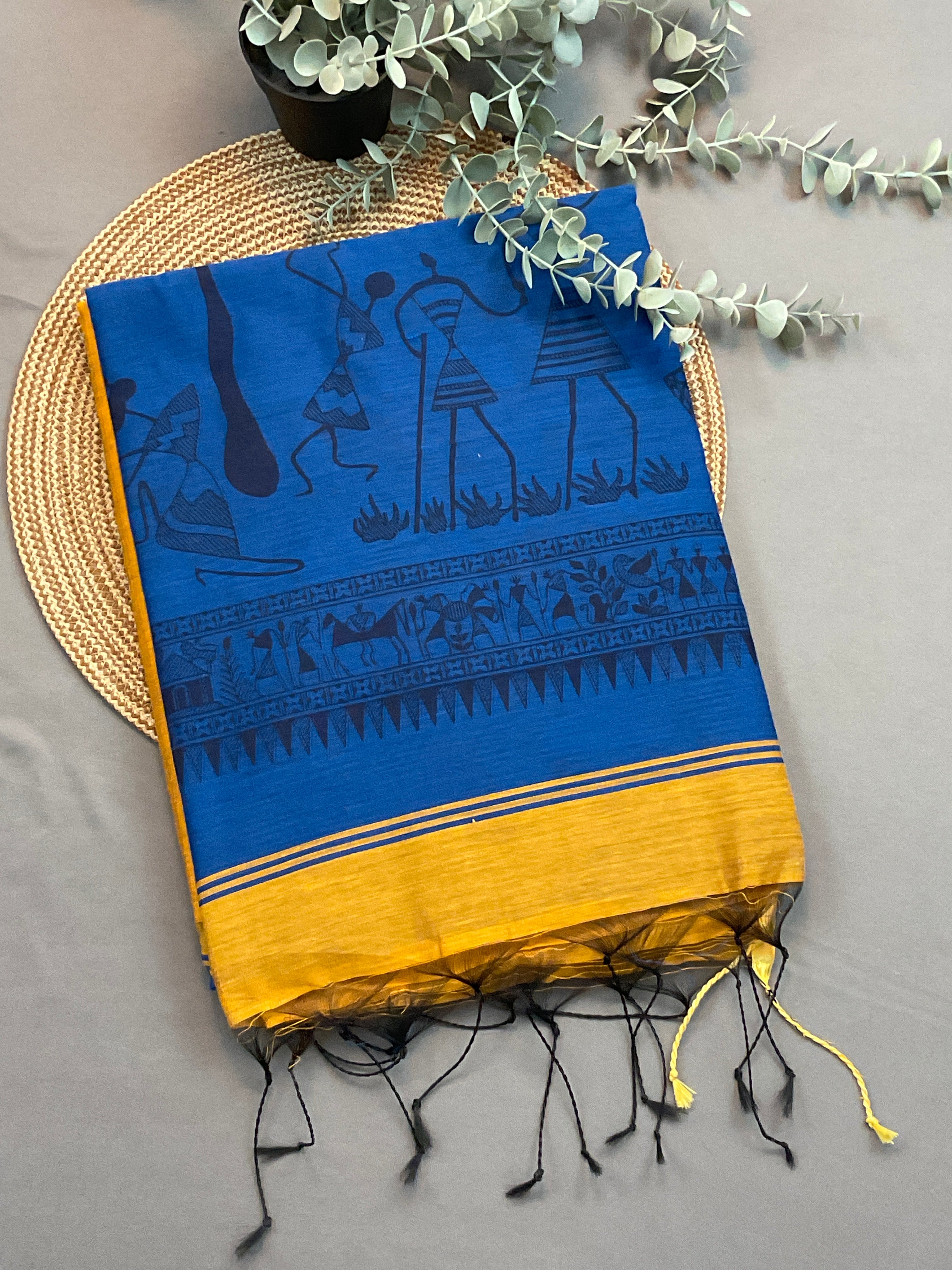 Handloom cotton silk saree in Kalamkari Vareli printing all over with blouse — mustard saree with blue pallu