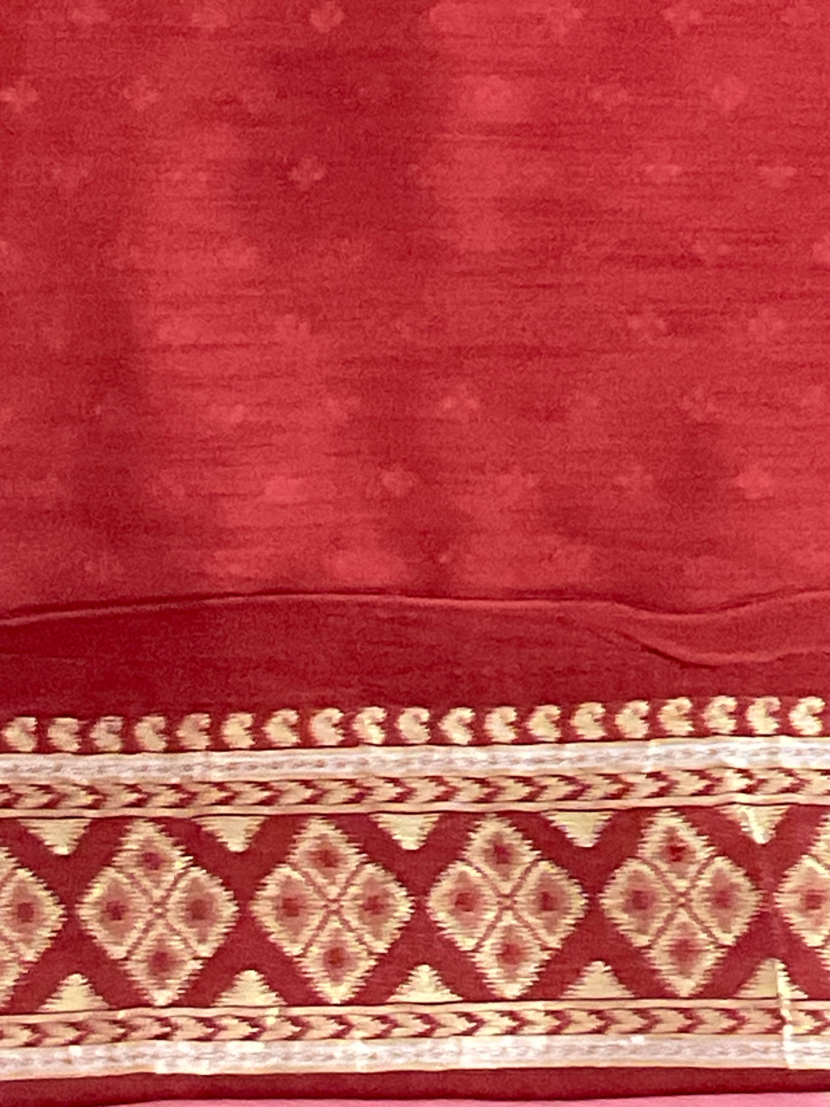 Pink Banarasi Handloom Silk Saree with Ikat Border — Maroon Contrast Pallu & Designer Blouse