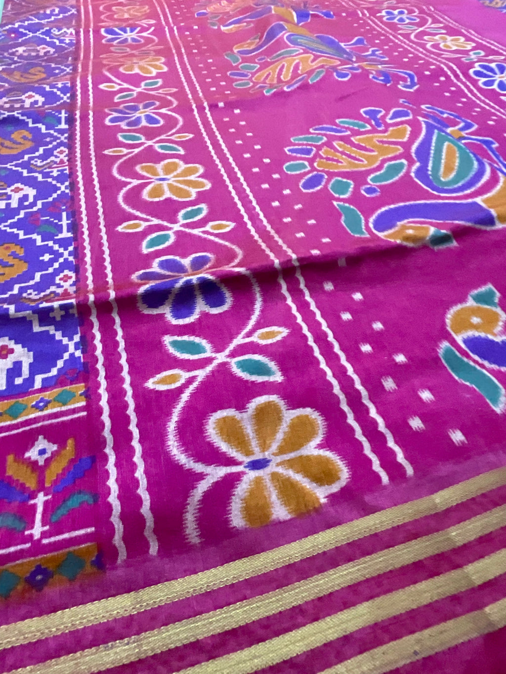 Pochampally Cotton Silk Ikkat Patola Print Saree in Purple with Rani Pink Designer Pallu