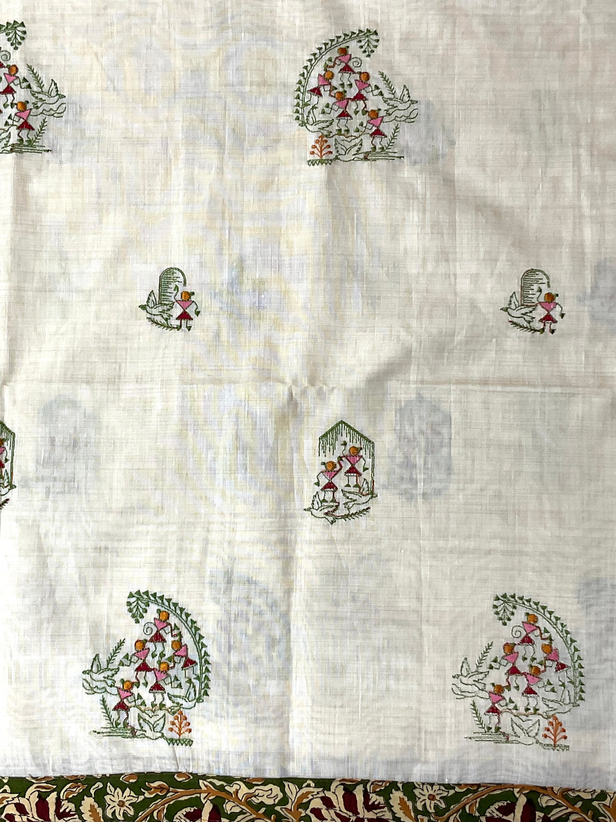 Kalamkari Handwork Cotton Linen Saree in Green with Attached Kalamkari Border, Running Pallu & Designer Blouse