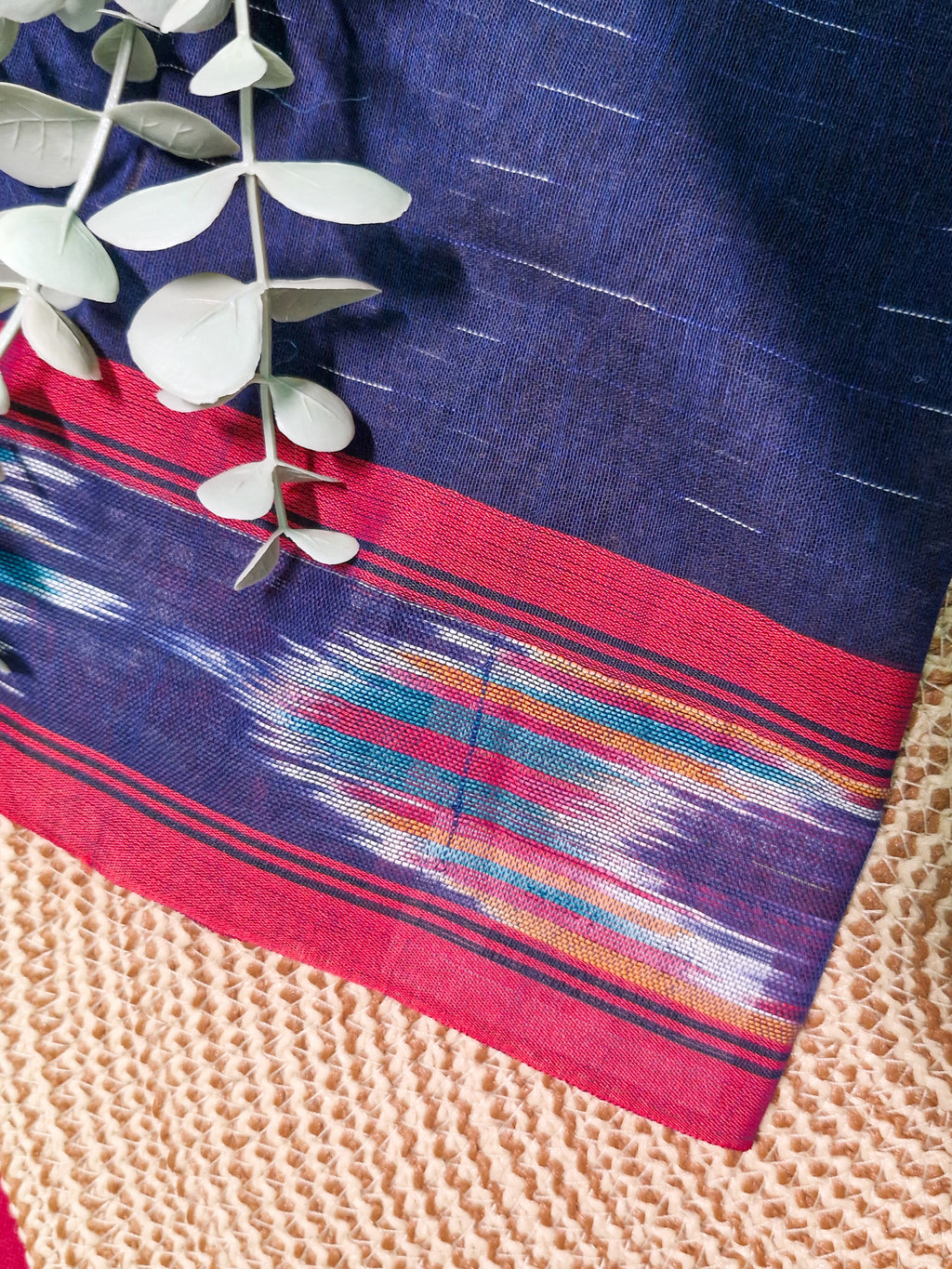 Navy Blue Pochampally Ikat Cotton Saree with Red Border
