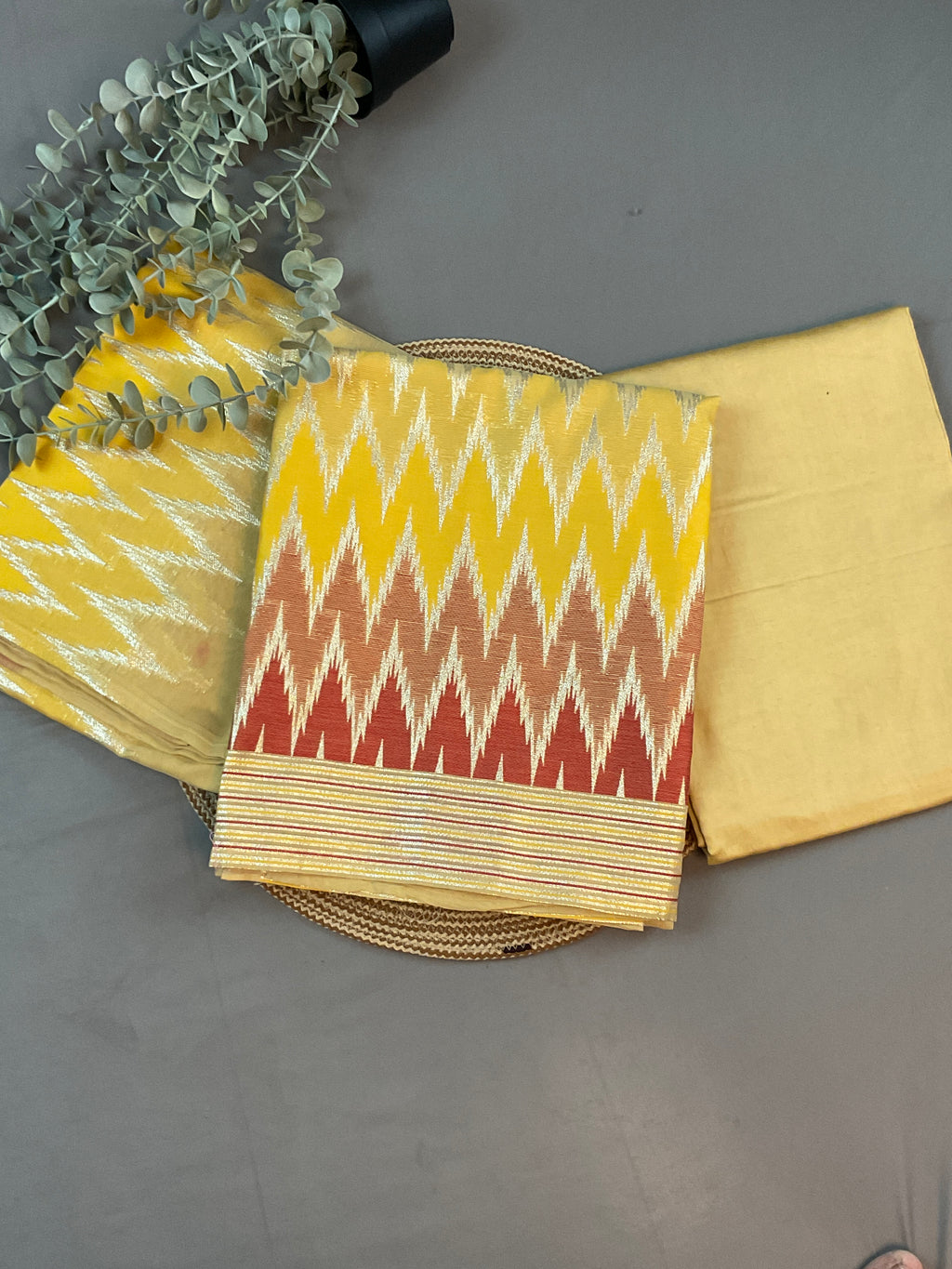 Red & Mustard Pochampally Dress Material
