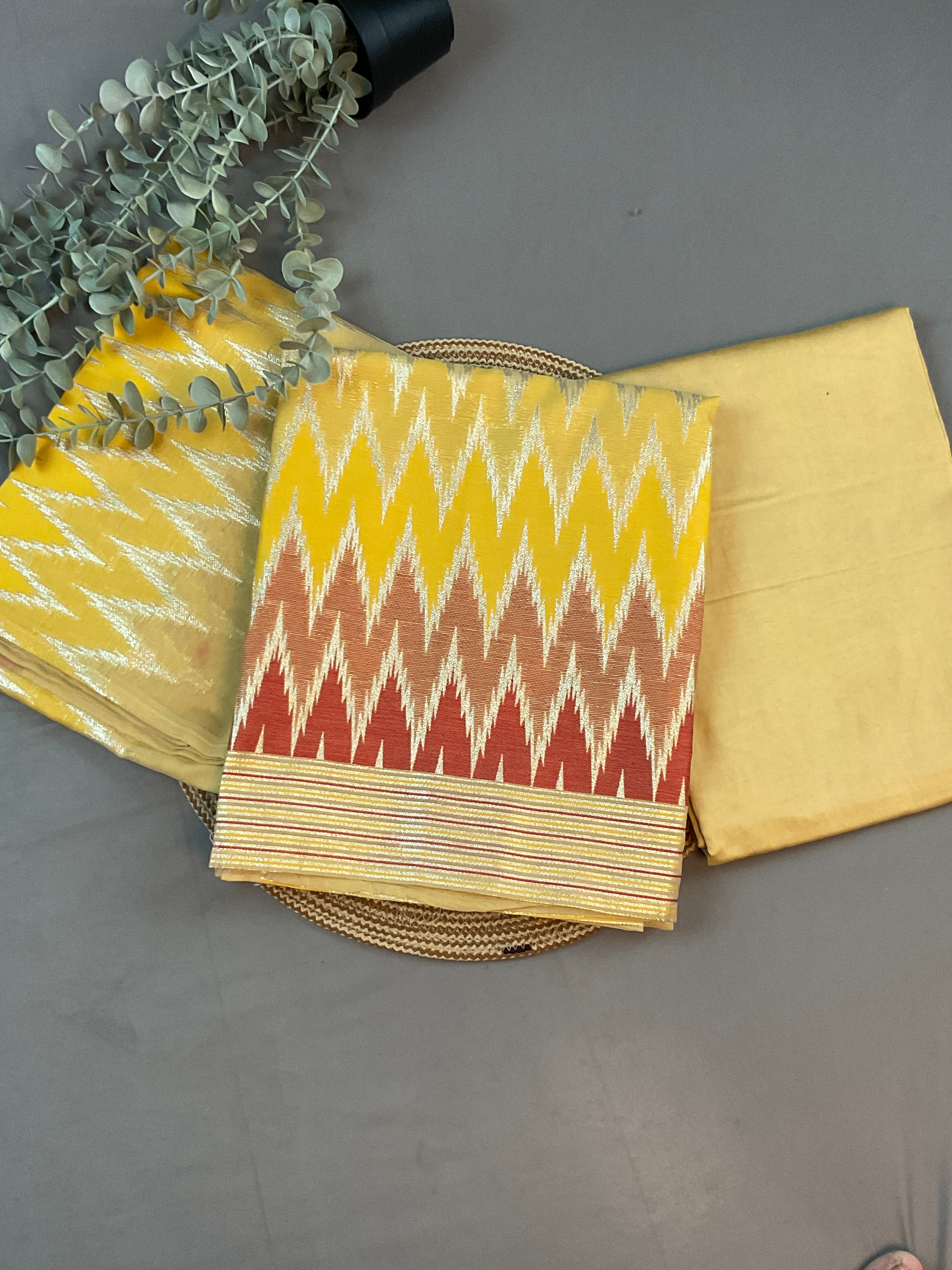Red & Mustard Pochampally Dress Material