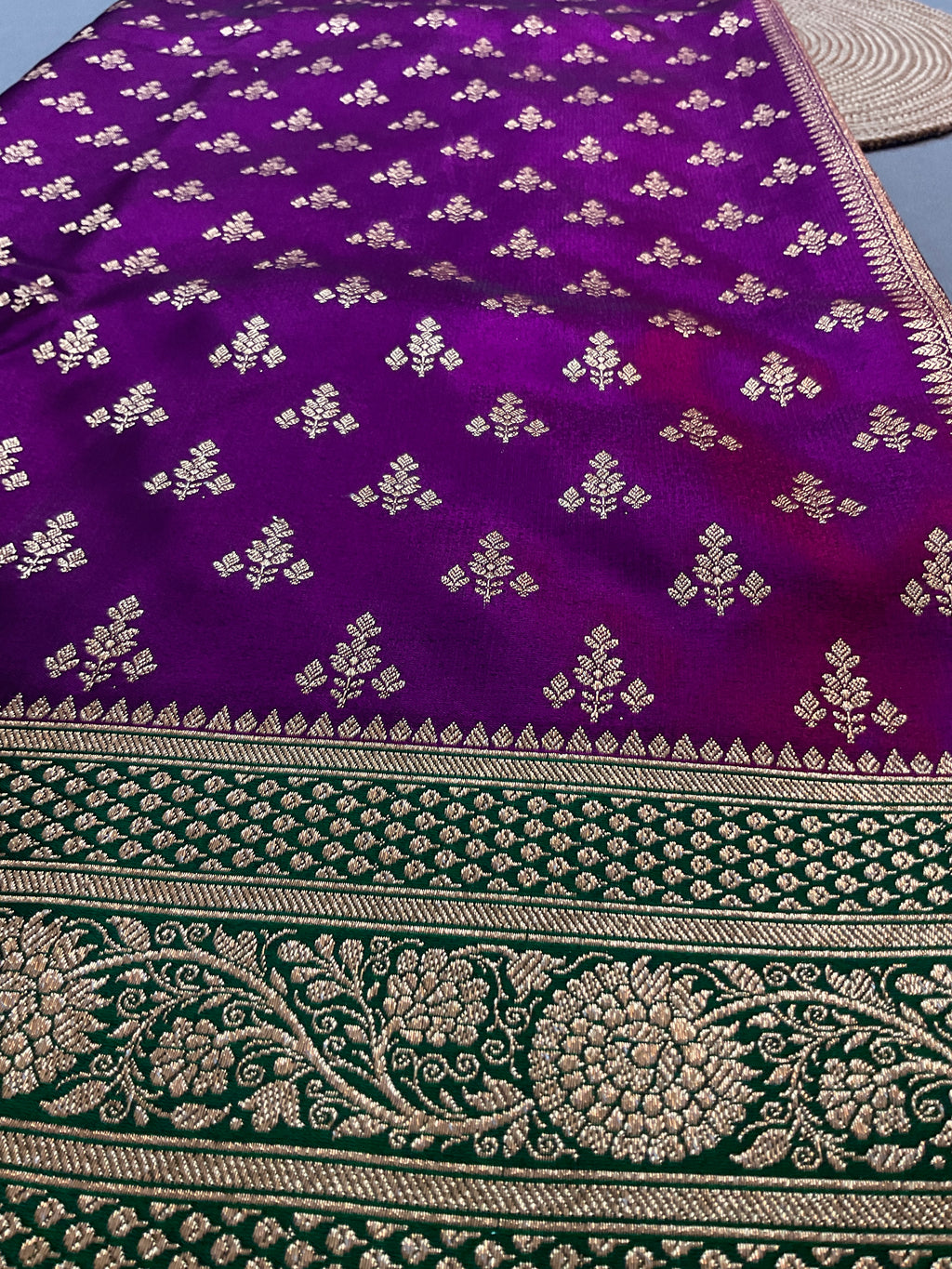 Handloom Banarasi Silk Saree in Purple with Contrast Dark Green Border & Designer Pallu