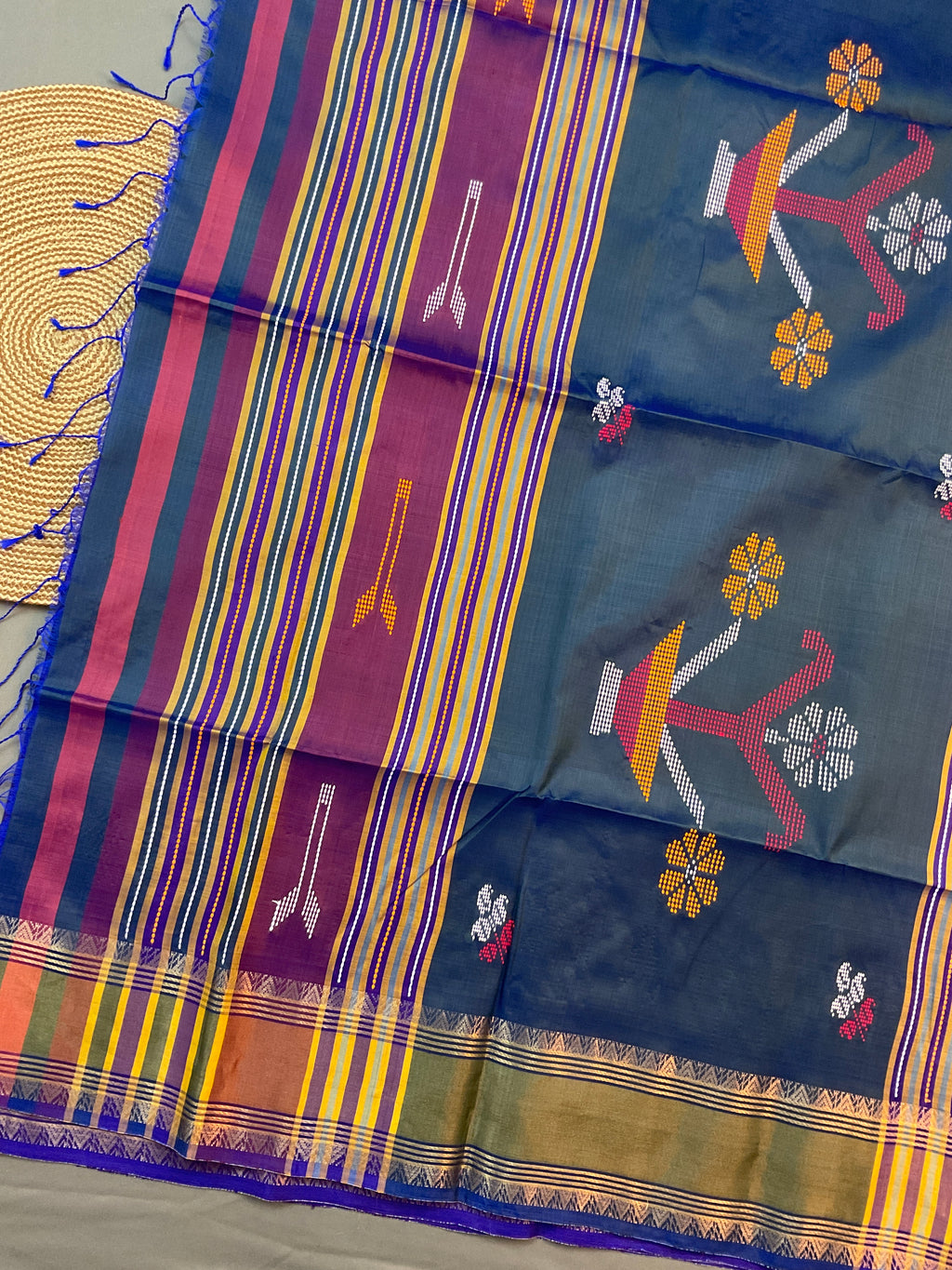 Handwoven Pure Silk Saree in Blue with Rich Weave Pallu, Contrast Border & Blouse