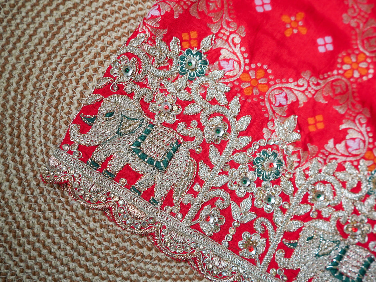 Red Bridal Pure Silk Saree – Bandhani Zari Weave with Heavy Elephant Embroidery & Designer Blouse