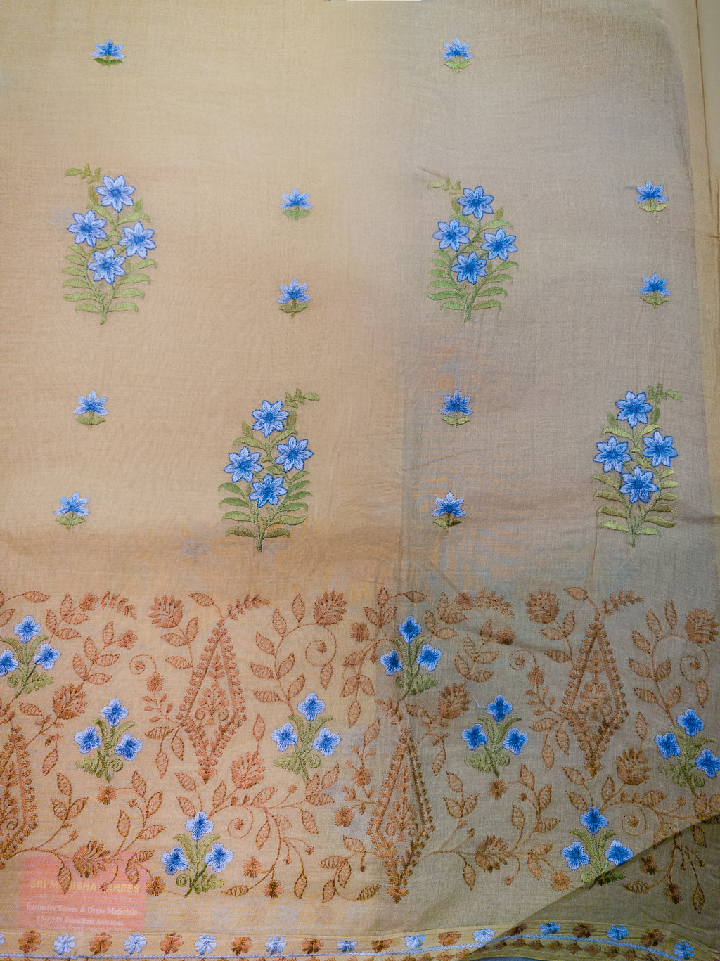 Greenish Hand-Embroidered Mul Cotton Saree
