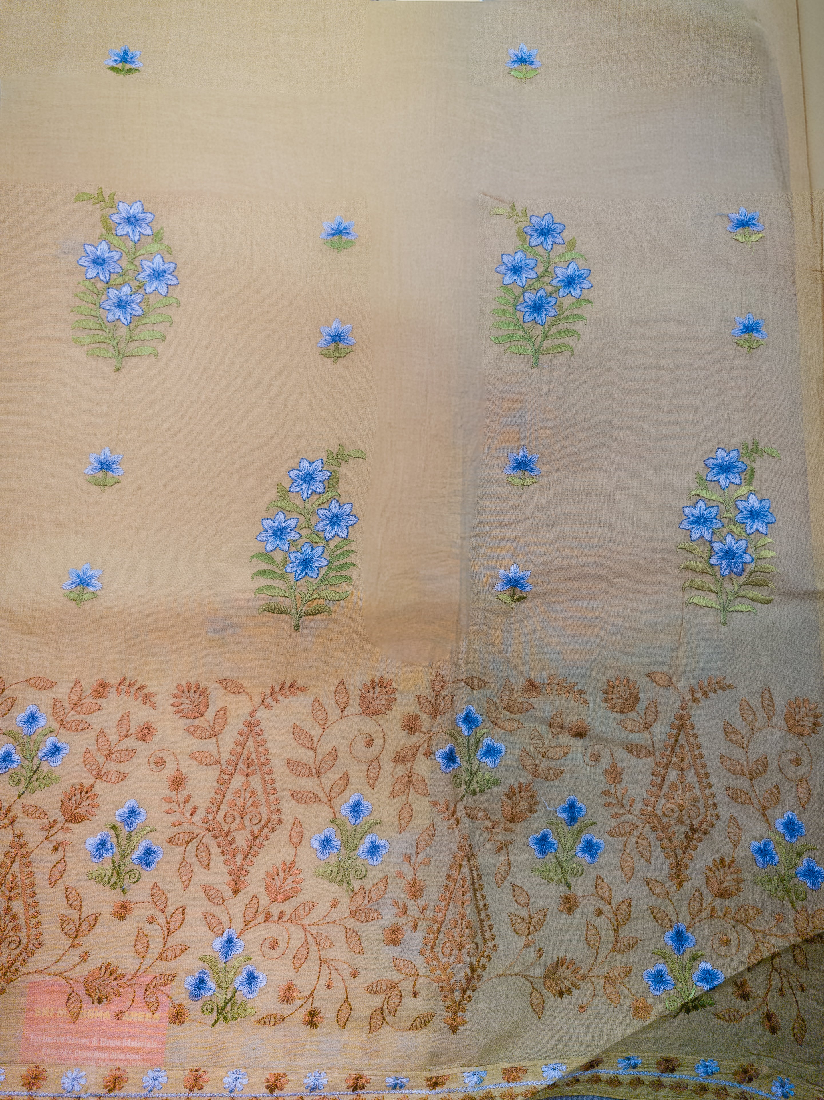 Greenish Hand-Embroidered Mul Cotton Saree