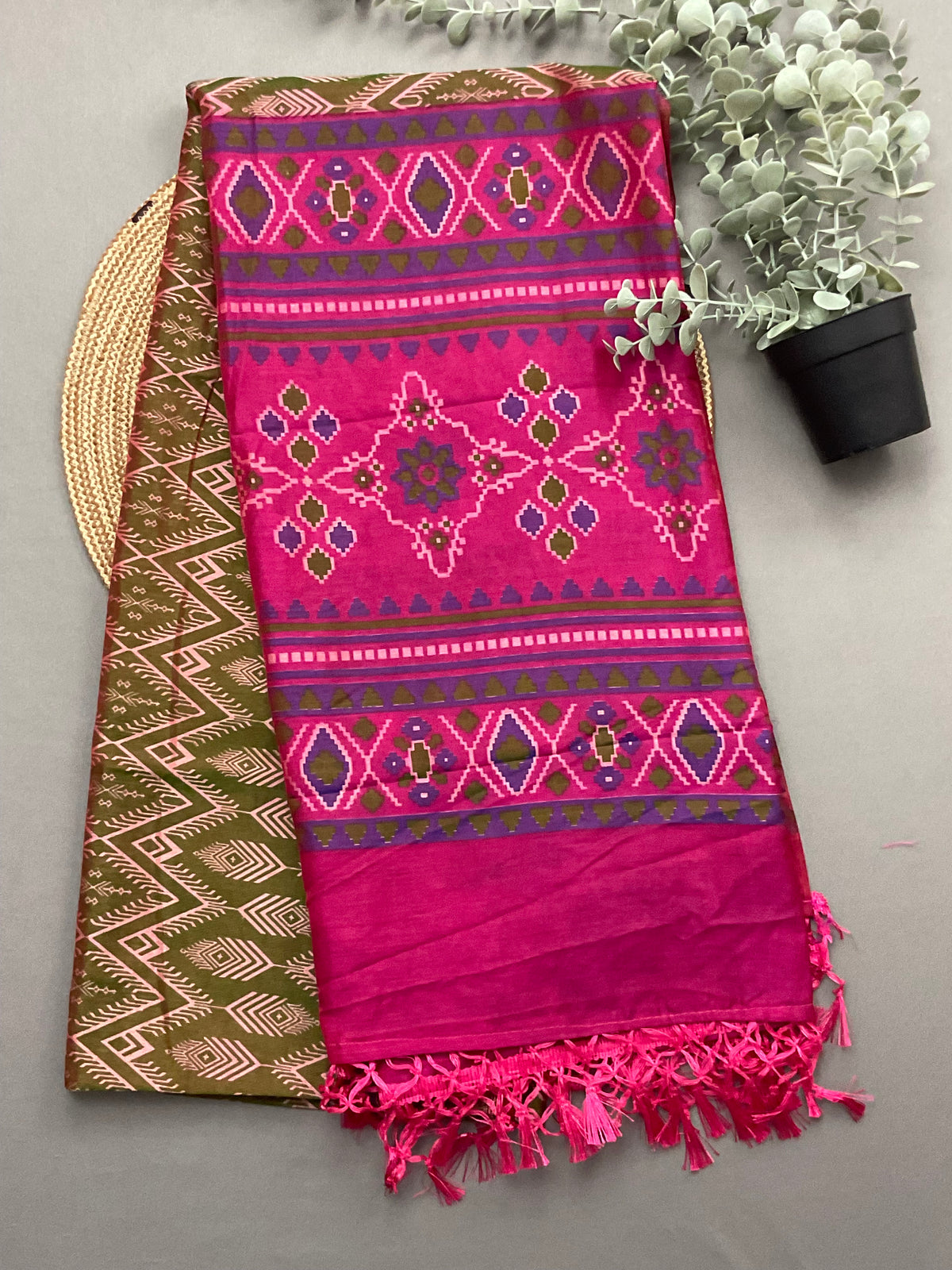 Green designer dupatta for rani pink patola print silk dress material