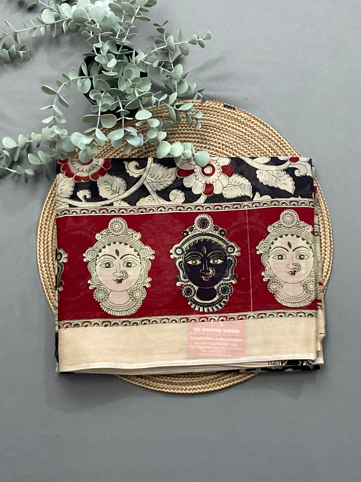 Kalamkari Hand Block Print Mul Cotton Saree – Black | With Blouse Piece