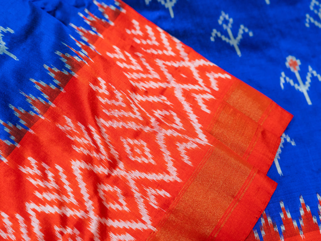 Royal Blue Pochampally Double Ikat Pure Silk Saree — Red Ikat Border & Pallu, Red Zari Blouse