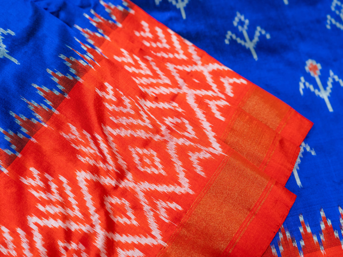 Royal Blue Pochampally Double Ikat Pure Silk Saree — Red Ikat Border & Pallu, Red Zari Blouse